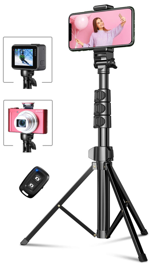 CIRYCASE Trépied Smartphone, 142cm Extensible Perche a Selfie Monopods Trepied Aluminium avec Télécommande Bluetooth & Support de Téléphone Universel Compatible avec iPhone, Appareil Photo et Gopro