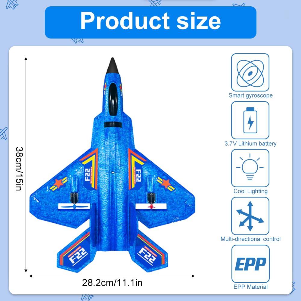 KQWVZ Avion Télécommandé, F-22 Avion Radiocommandé, 2.4 Ghz Avion de Chasse Télécommandé, Avions Radiocommandés, Planeur Volant Télécommandé, pour Enfants, Garçons, Débutants (Bleu)