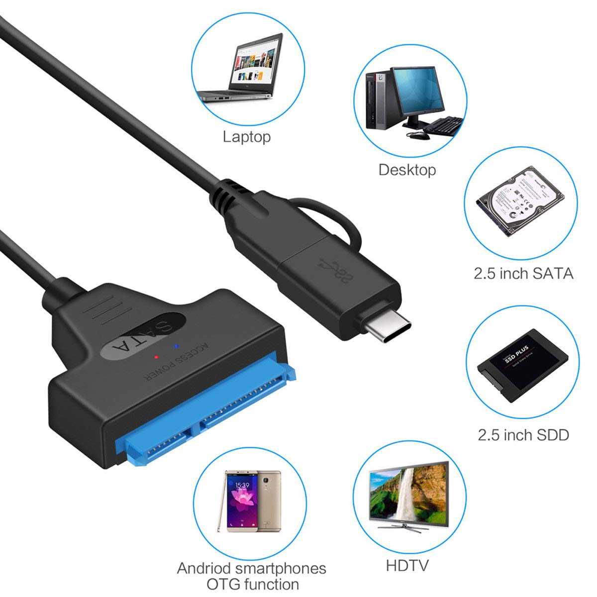 Xiwai Câble adaptateur USB 3.0 mâle vers SATA 22 broches pour disque dur 2,5 pouces pour MacBook et ordinateur portable