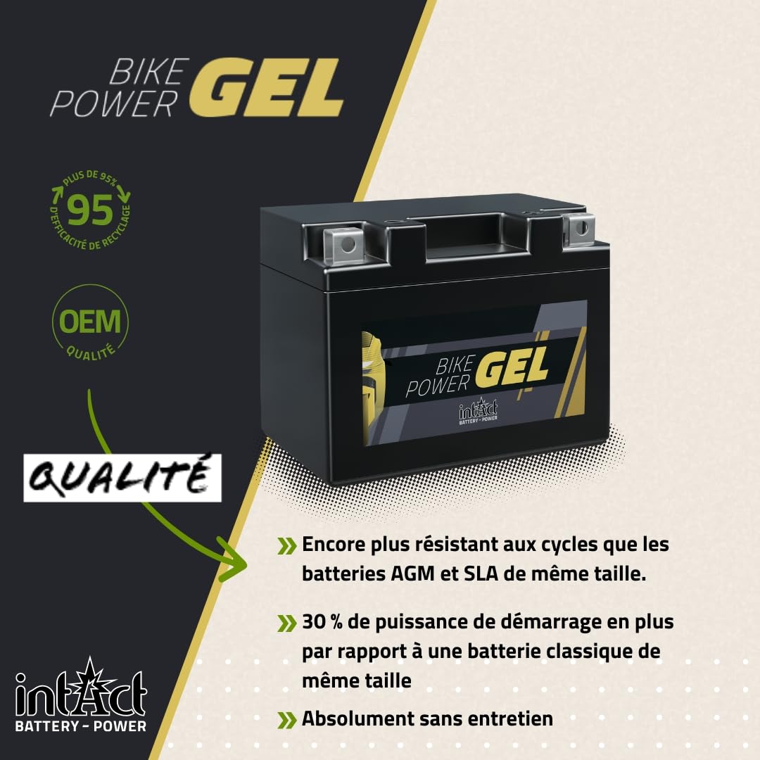 intAct - BATTERIE MOTOCYCLE GEL | Batterie offrant +30% de puissance de démarrage Pour moto, quad, etc. | GEL12-7L-B, CB7L-B, batterie 12V, 8 AH (c20), 130 A (EN) | Dim : 137x76x134mm