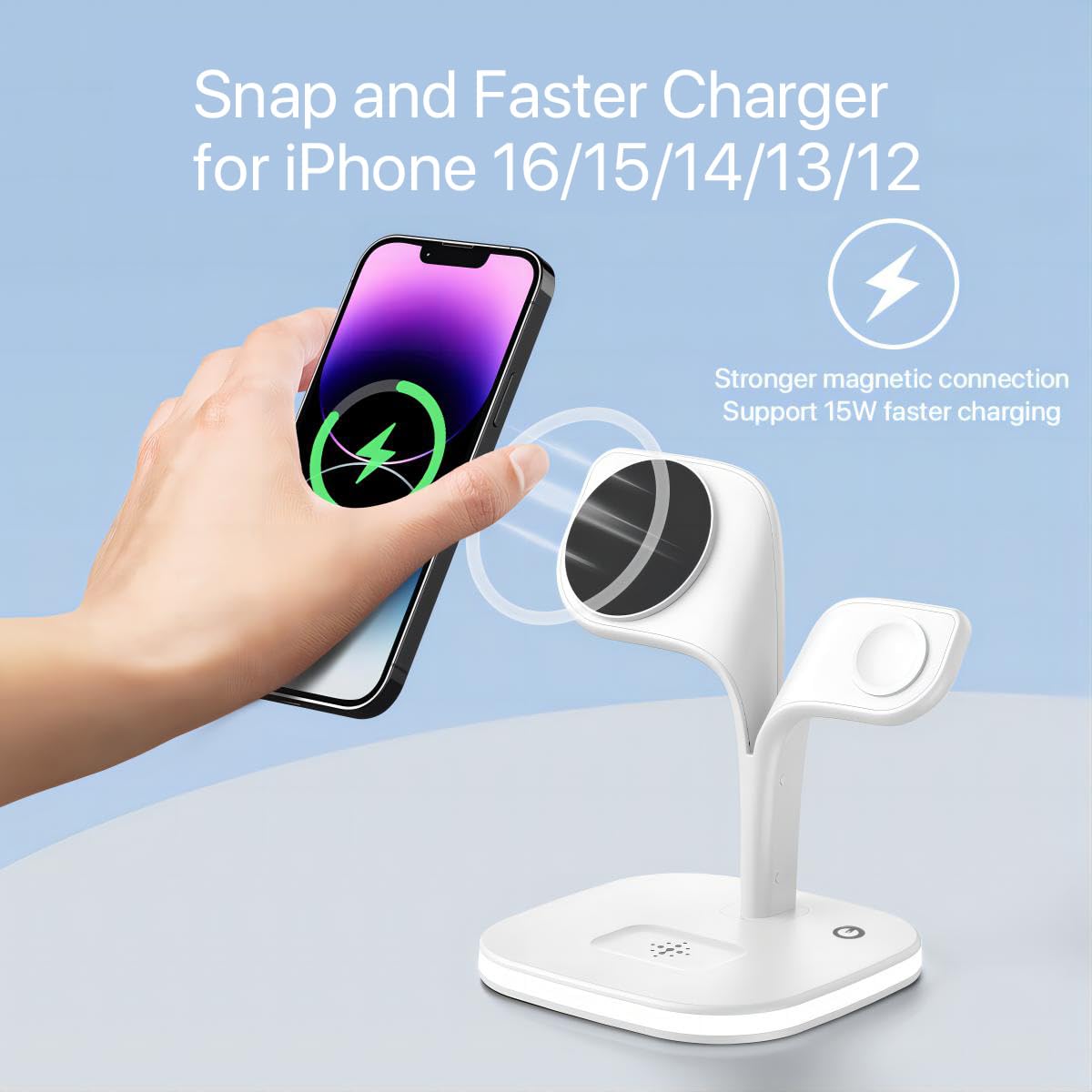 EXW Chargeur Induction, Chargeur Mag-Safe avec Lampe, Magnétique Station de Chargeur sans Fil Rapide pour Appareils Multiples iPhone 16/15/14/13/12/Pro/Max/Plus, Apple Watch, AirPods