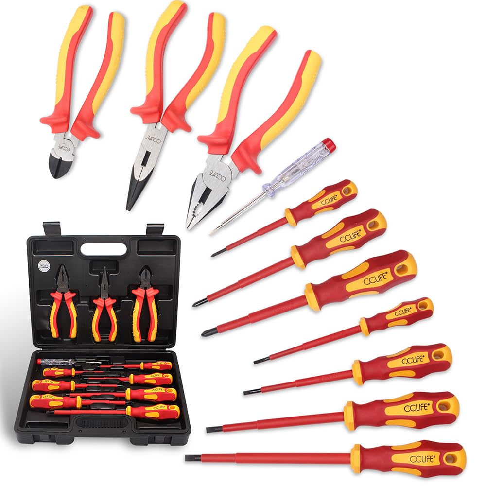 CCLIFE Jeu de 11pcs VDE Tournevis et Pinces outils électricien isolé 1000V avec testeur de tension, Coffret tournevis tête plats et PH cruciformes, Poignée en caoutchouc antidérapante