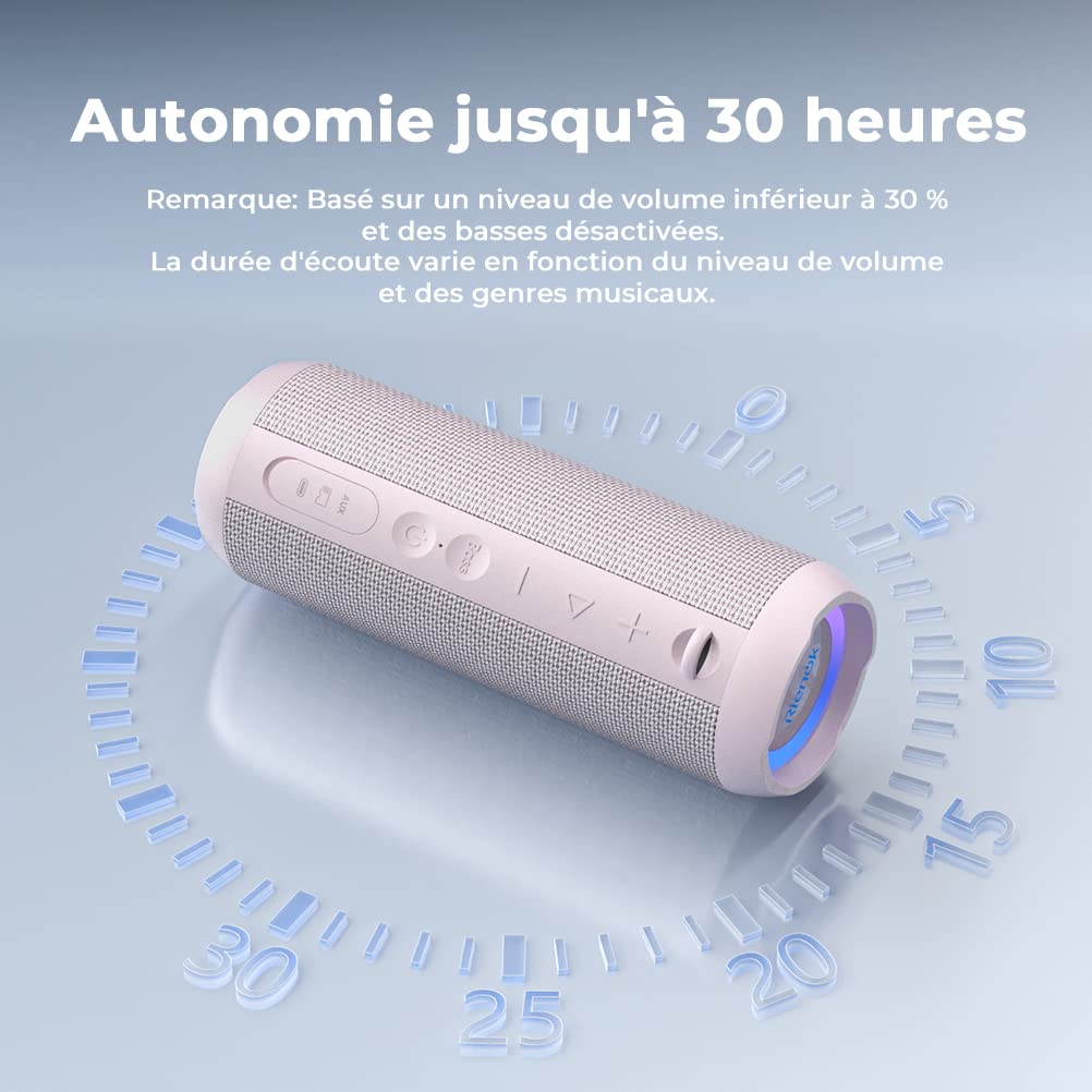 RIENOK Enceinte Portable Bluetooth aux Basses Renforcées, 30H, Bluetooth 5.3, 30W Enceinte Puissante, IPX7, AUX, TF Carte, pour Fêtes/Voyage/Extérieur, Rose