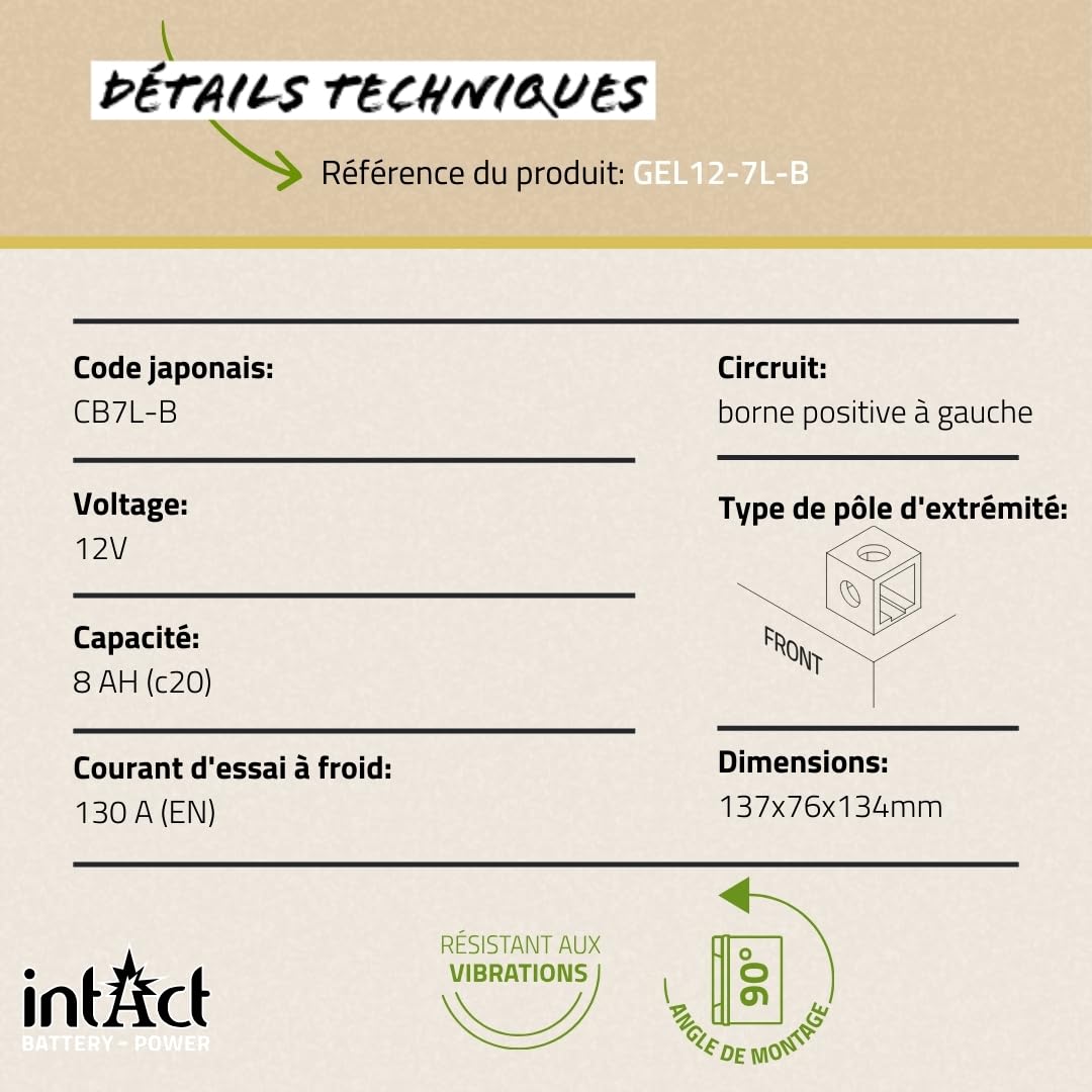 intAct - BATTERIE MOTOCYCLE GEL | Batterie offrant +30% de puissance de démarrage Pour moto, quad, etc. | GEL12-7L-B, CB7L-B, batterie 12V, 8 AH (c20), 130 A (EN) | Dim : 137x76x134mm