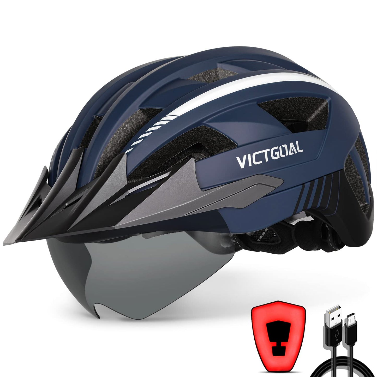 VICTGOAL Casque Velo Casque VTT avec Lunettes de Sécurité Magnétiques Amovibles Visière Détachable Casque Léger pour Adultes (L: 57-61cm, Marine)