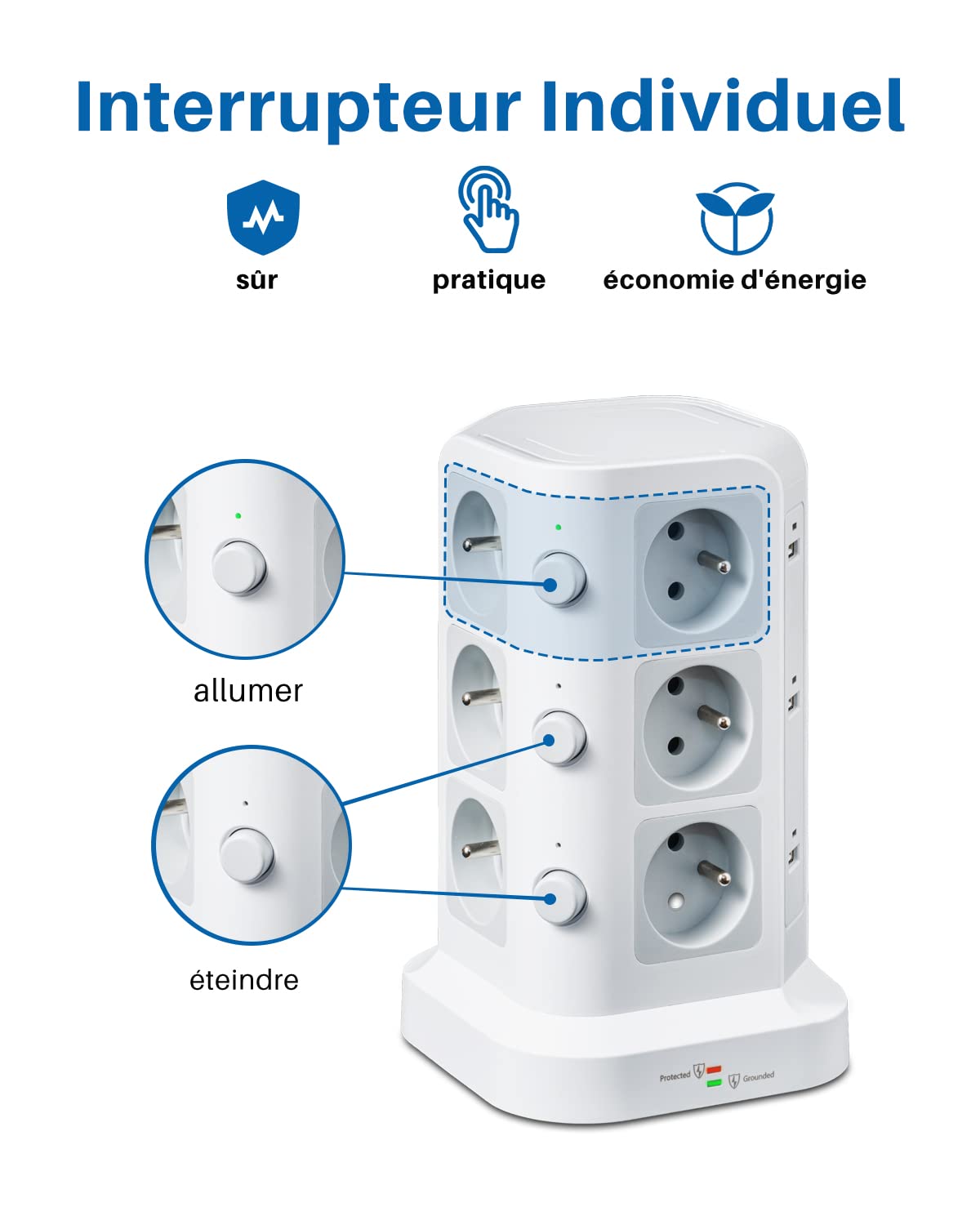 KOOSLA 12 Prises 2P+T de Type-E (France) Tour Multiprise avec 6 Ports USB(4000W/16A), Multiprise Electrique parafoudre et surtension, 3 Interrupteur Individuel, 2M Câble, Blanc