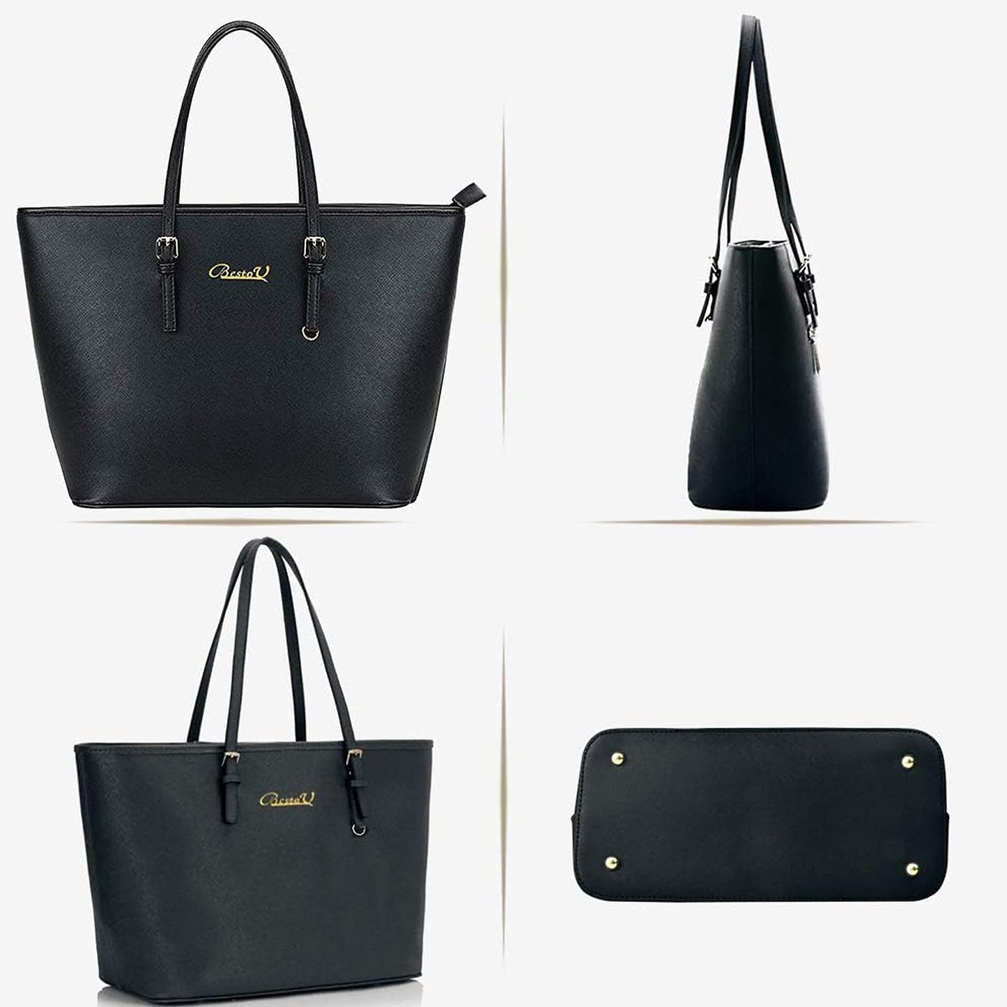 BestoU Sac a Main Femmes Noir PU Cuir Sac à Bandoulière D'épaule Fourre-Tout Portefeuille Sac 2pcs