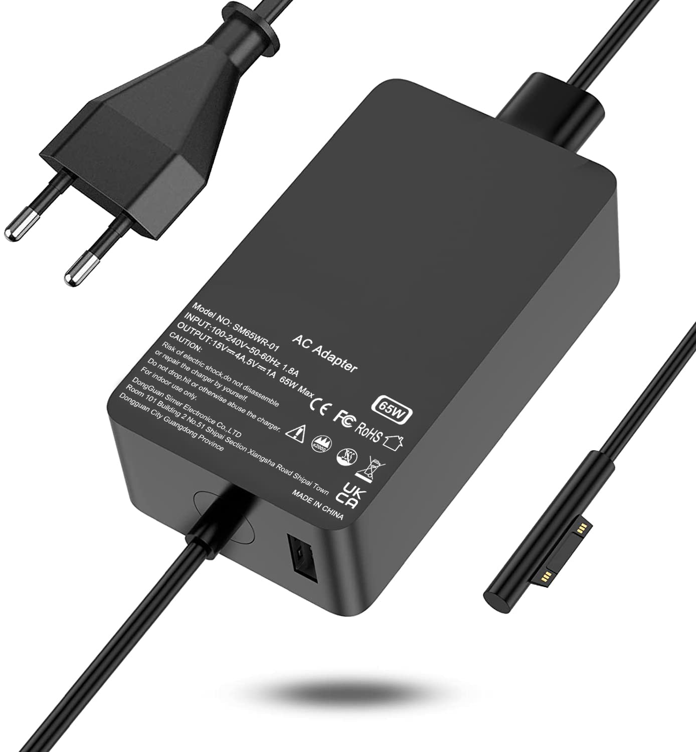 Chargeur 65W, Compatible avec Surface Pro X/8/7/6/5/4/3, Surface Go 2/3, Surface Laptop,Surface Book,Surface Notebook/Tablette avec Port USB