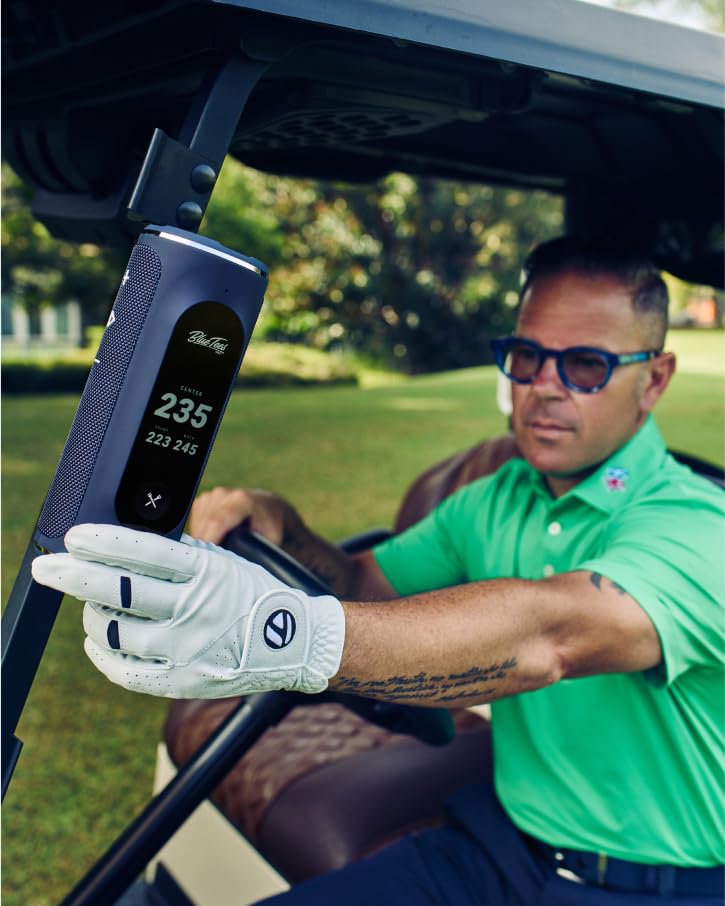 Blue Tees Golf Player+ Haut-parleur GPS avec écran tactile, plus de 10 heures de batterie, plus de 40 000 cours, distance visuelle + audible, distance de danger, étanchéité IPX7 (bleu marine)