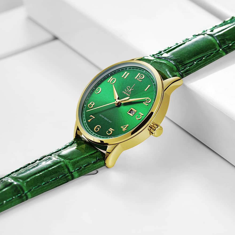 SHENGKE SK Classic Business Women Montres avec Bracelet en Acier Inoxydable et Montre élégante en Cuir véritable pour Dames (Gold-Green)