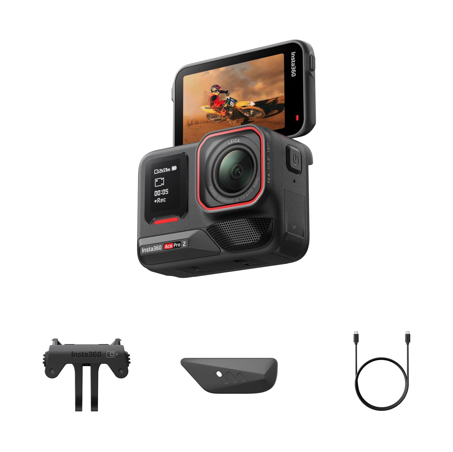 Insta360 Ace Pro 2 Pack Standard - Caméra d'action étanche 8K co-conçue avec Leica, capteur 1/1,3", Double Puce d'IA, qualité en Basse lumière, Audio avancé, écran Rabattable, édition IA, Moto