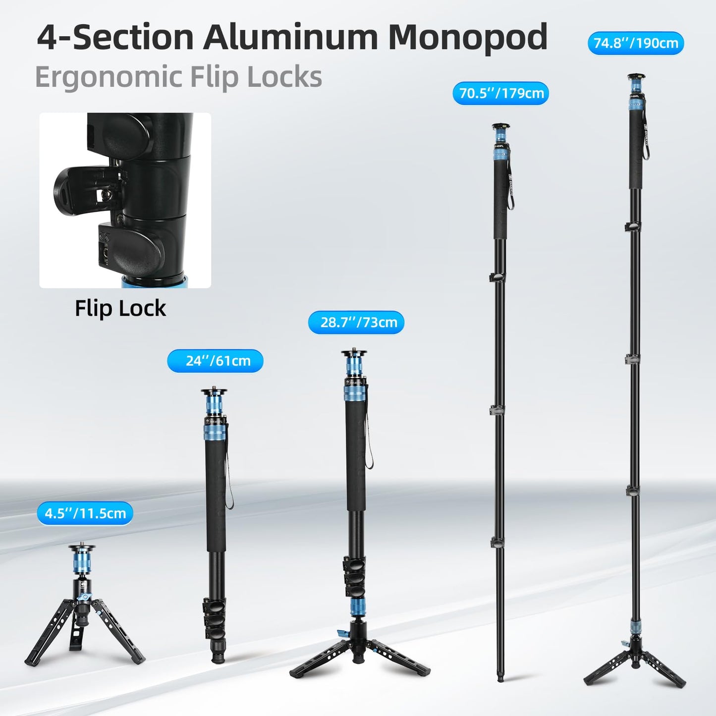 SIRUI Monopode Appareil Photo avec Pieds, Monopode Vidéo de Voyage en Aluminium de 74,8 Pouces avec Base Amovible,Charge Maximale de 26,4lbs, Panoramique à 360°,pour Canon Nikon Sony(AM-404FL)