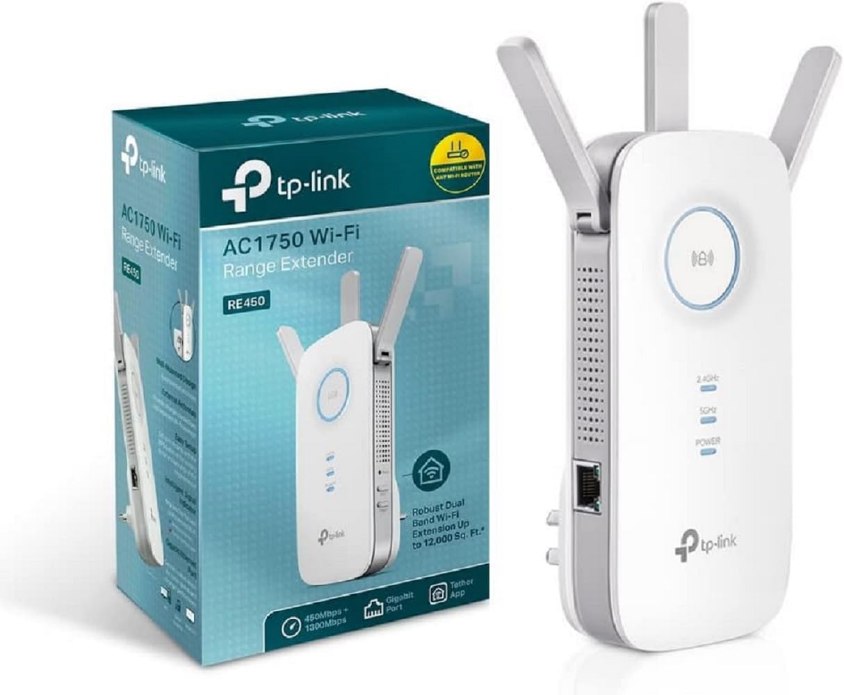 TP-Link Répéteur WiFi(RE450), Amplificateur WiFi AC1750, WiFi Extender, WiFi Booster, 1 Port Ethernet, couvre jusqu'à 140㎡, Compatible avec toutes les box internet, jusqu'à 140m²|20 appareils