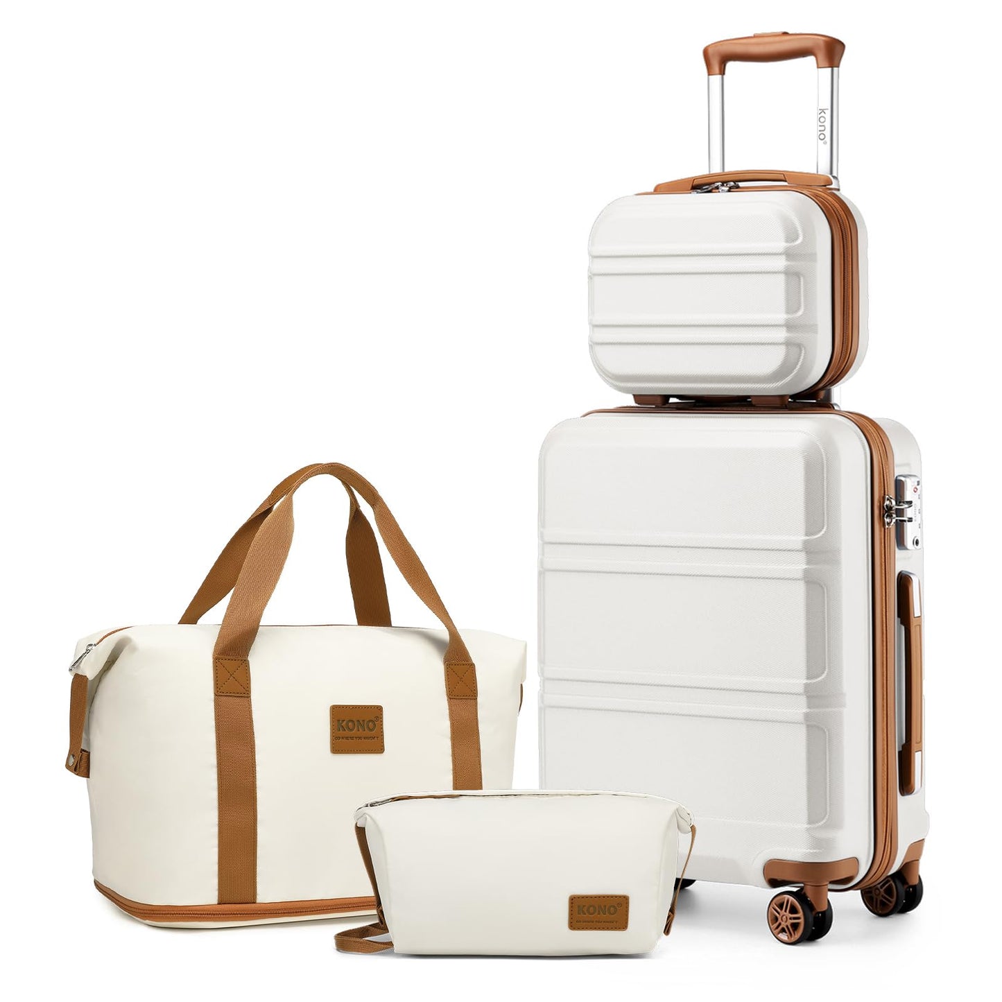 Kono Set de 4 Valises de Voyage Rigide Bagage Cabine 55cm avec Portable Vanity Case et Pliable Sac de Voyage pour Sport avec Trousse de Maquillage, Blanc Crème