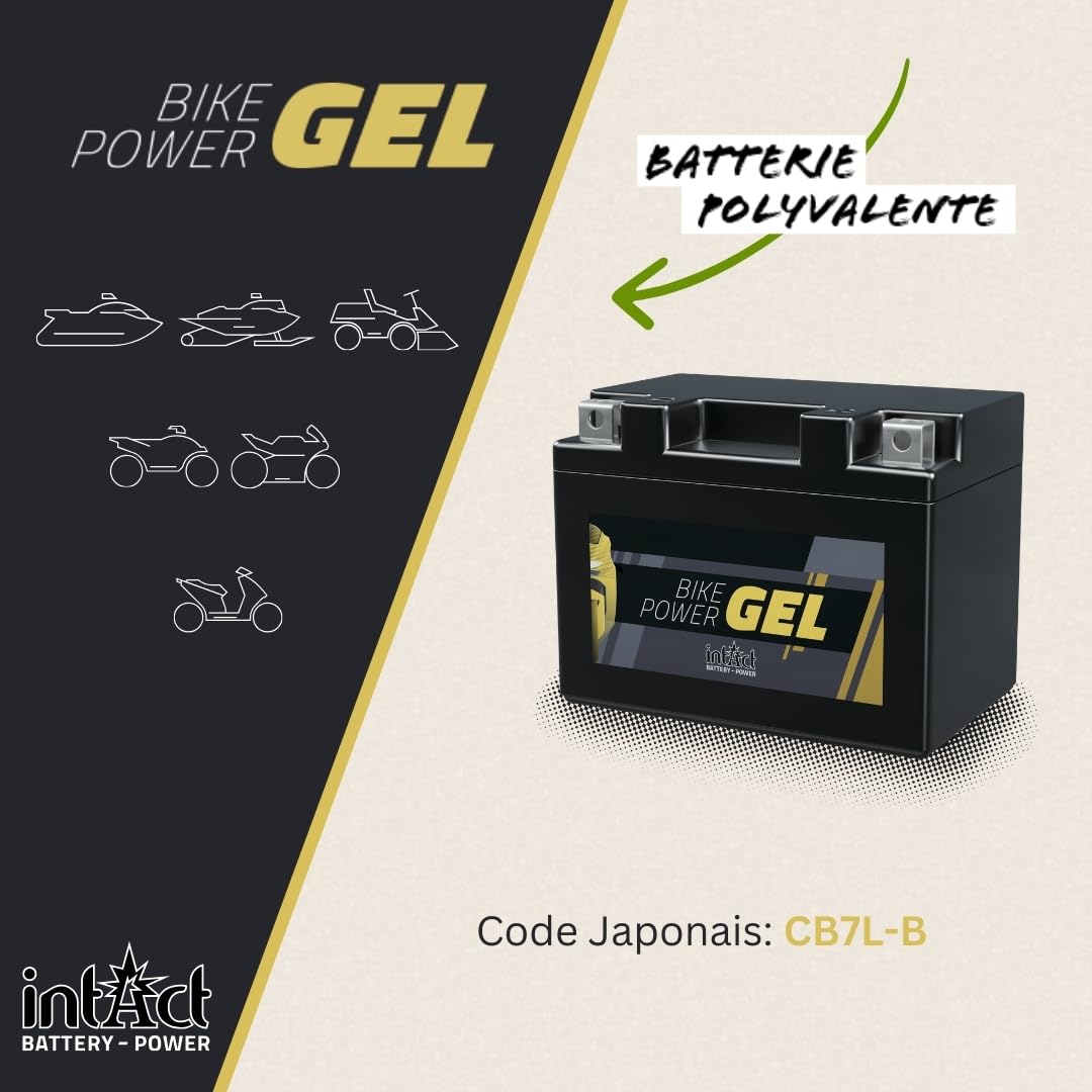 intAct - BATTERIE MOTOCYCLE GEL | Batterie offrant +30% de puissance de démarrage Pour moto, quad, etc. | GEL12-7L-B, CB7L-B, batterie 12V, 8 AH (c20), 130 A (EN) | Dim : 137x76x134mm