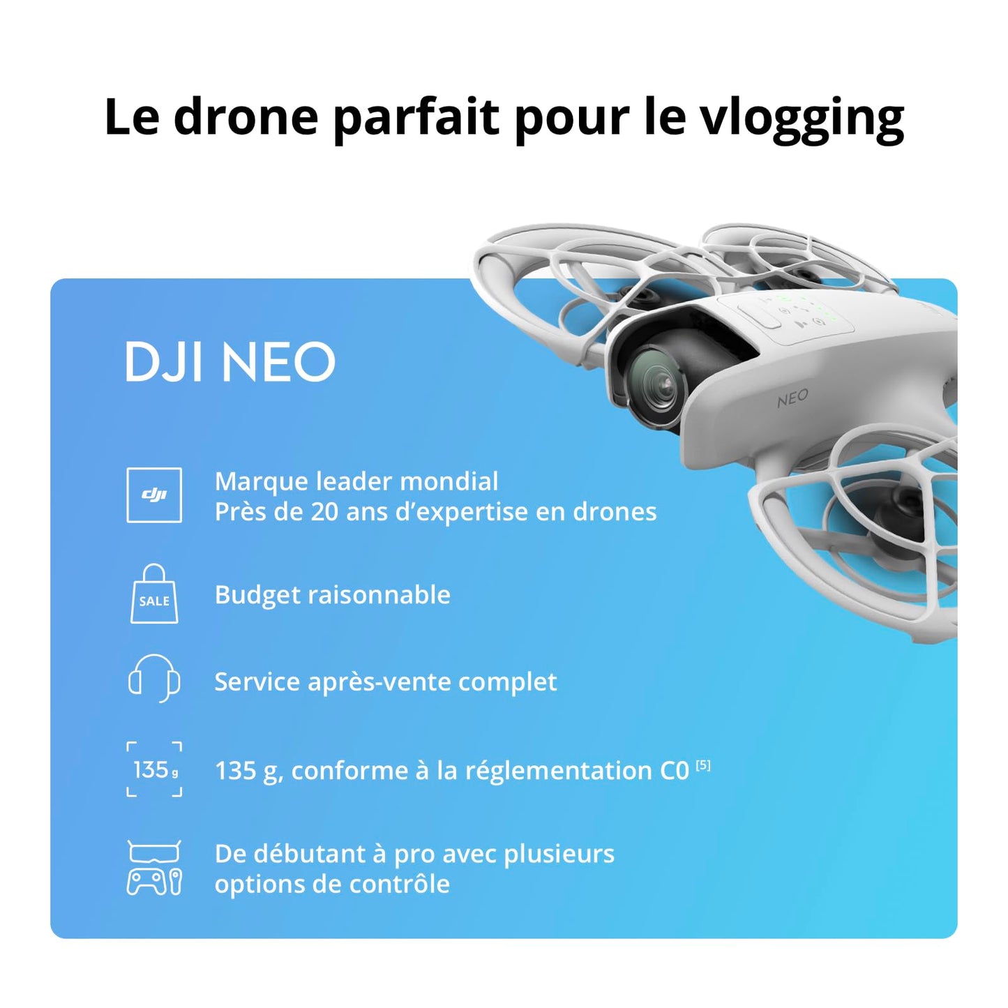 DJI Neo, Mini Drone avec Caméra 4K Ultra-HD pour Adultes, Drone Suiveur qui Vole Seul de 135 g, Décollage de la Main, Suivi de Sujet par IA, QuickShots, Vidéo Stabilisée, (sans Contrôleur)