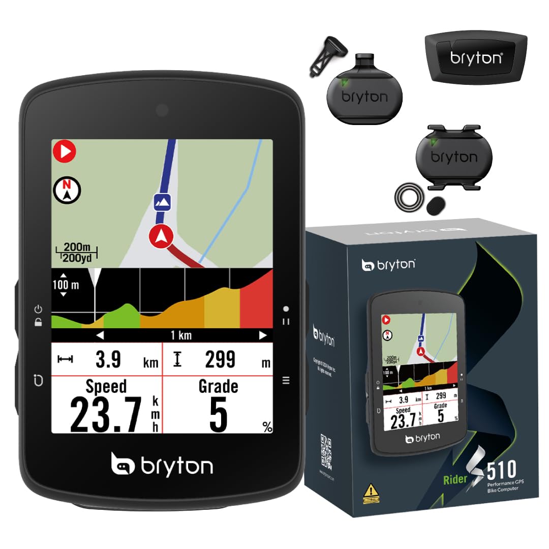 Bryton Rider S510 Pack capteurs Compteur GPS pour vélo avec écran Tactile Couleur 2,8", Carte Offline de l'europe, compatibilité avec Radar vélo, autonomie de 30 Heures, Navigation Virage par Virage