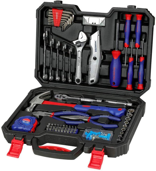 WORKPRO Kit d'Outils pour la Maison 160 Pièces, Mallette à Outils Portable avec Boîte de Rangement, Tournevis, Pinces, Clés, Marteau, Couteau, Poignée à Cliquet, Idéal pour Bricolage, Entretien