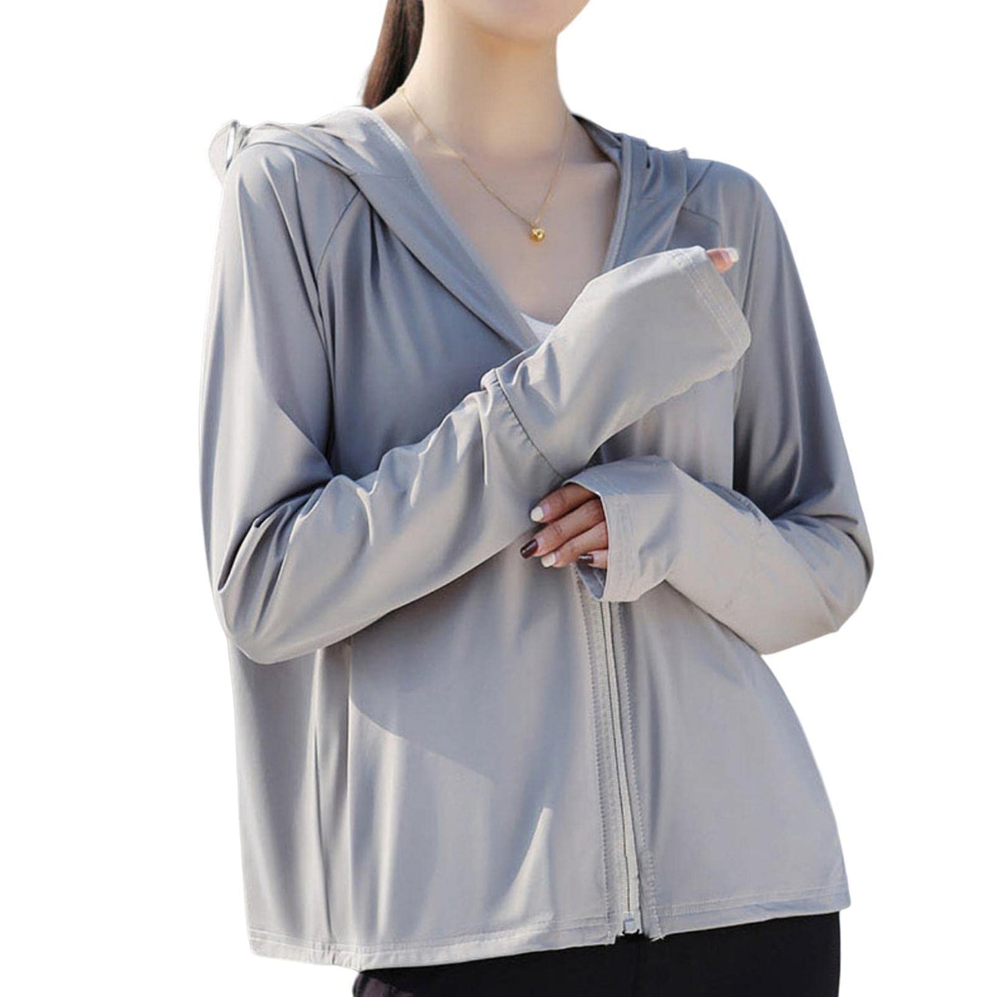 Fukamou Sweat à Capuche Anti-UV | Veste à Manches Longues UPF 50+ avec Soleil - Veste légère à Fermeture éclair intégrale Chemise rafraîchissante à Capuche avec Poche Randonnée Pêche en