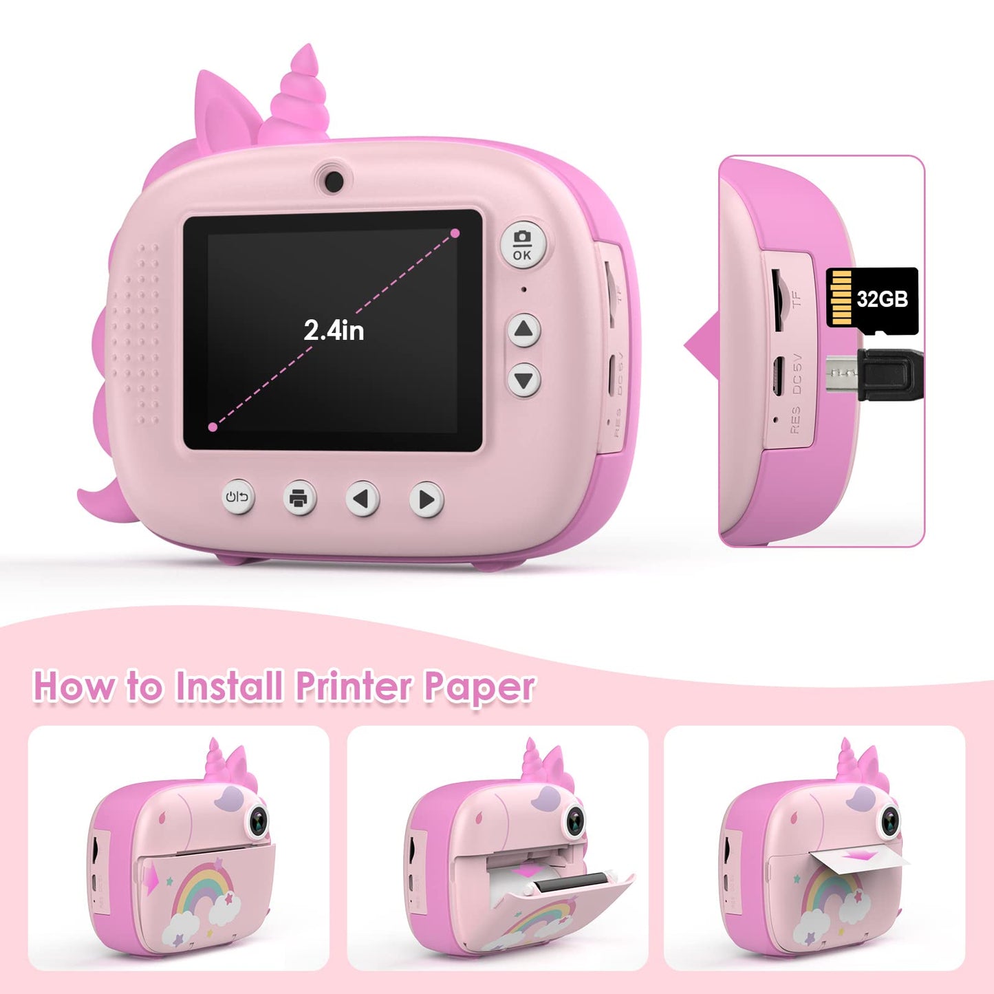 HiMont Appareil Photo Numérique Instantané,avec Papier d'impression & Carte TF 32G, Caméra Vidéo avec Stylos Colorés pour Le Bricolage, Cadeau pour Filles Garçons de 3-14 Ans