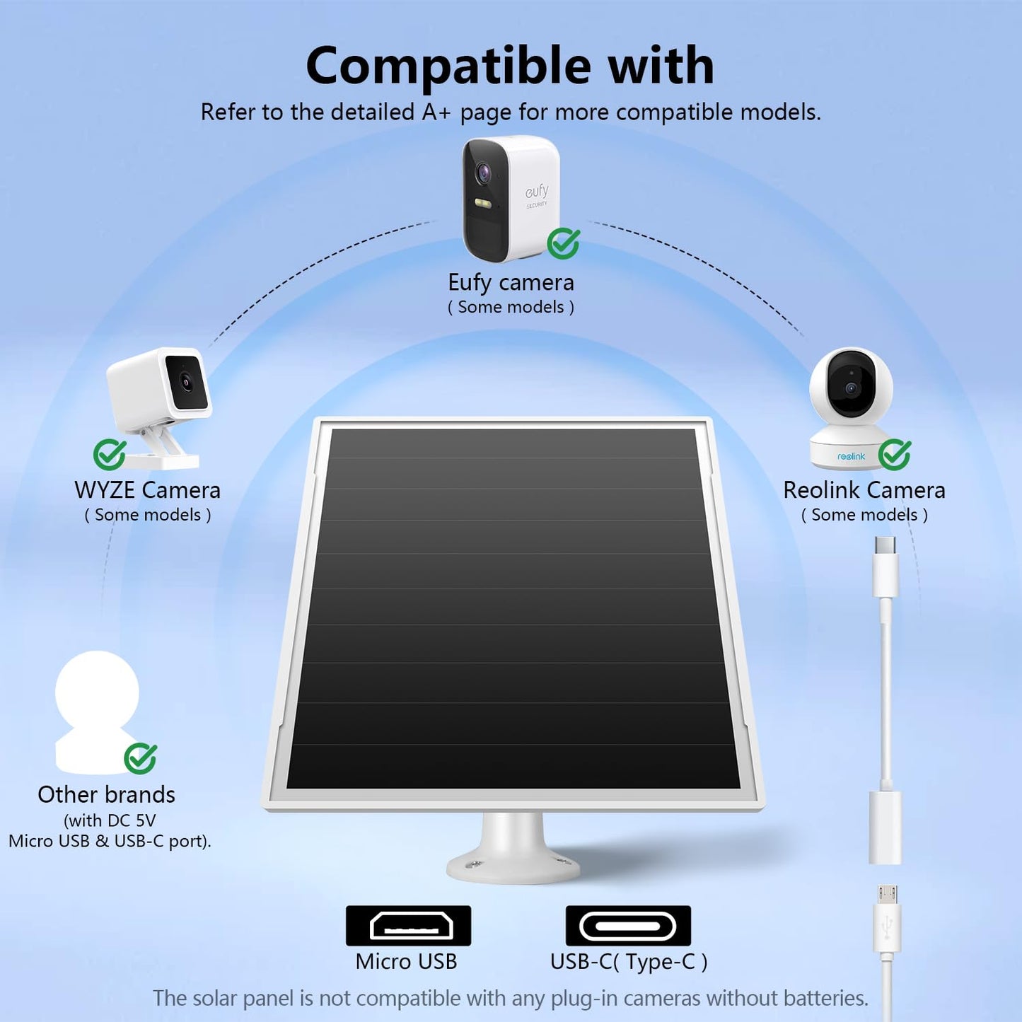 8W Solar Panel for Outdoor Security Camera, 5V Micro USB& USB-C Solar Panel Charger ，Fits eufy/wyze/reolink DC 5V output, IP65/ 360° Adjustable, 9.8ft Cable, fast charging