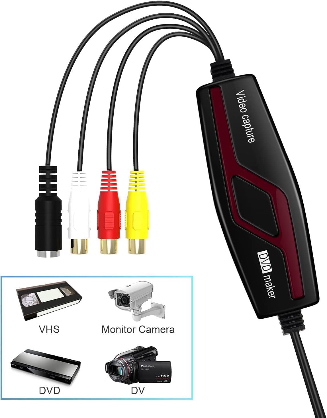 VIXLW Vidéo Capture - Convertisseur vidéo pour RCA vers USB - Convertisseurs VHS VCR Hi8 Mini DV en numérique - pour PC, TV, Lecteur de Cassette, caméscope, Mac OS X ou Windows