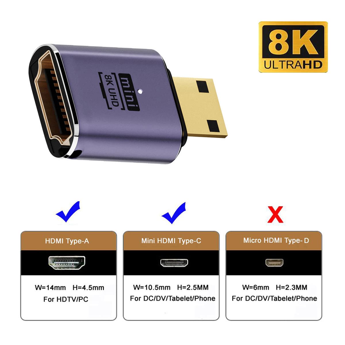 CY Câble 8K Mini HDMI mâle vers HDMI 2.1 femelle UHD Adaptateur convertisseur or prend en charge 8K 60Hz HDTV