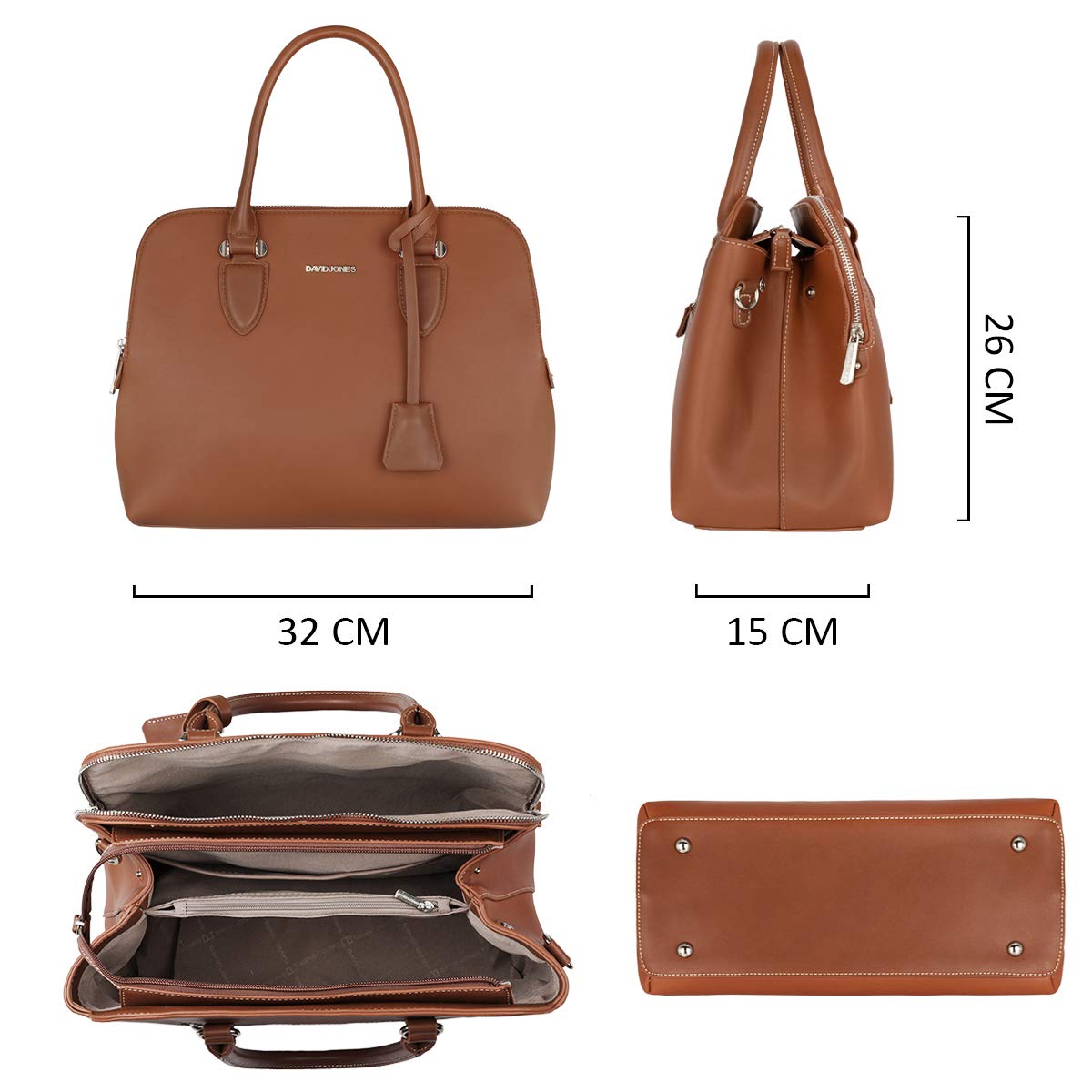 David Jones - Sac à Main Femme Bugatti - Cuir PU Porté Epaule Bandoulière - Multi Poche Plusieurs Compartiments - Travail Elégant Classique Chic Dame - Marron Camel