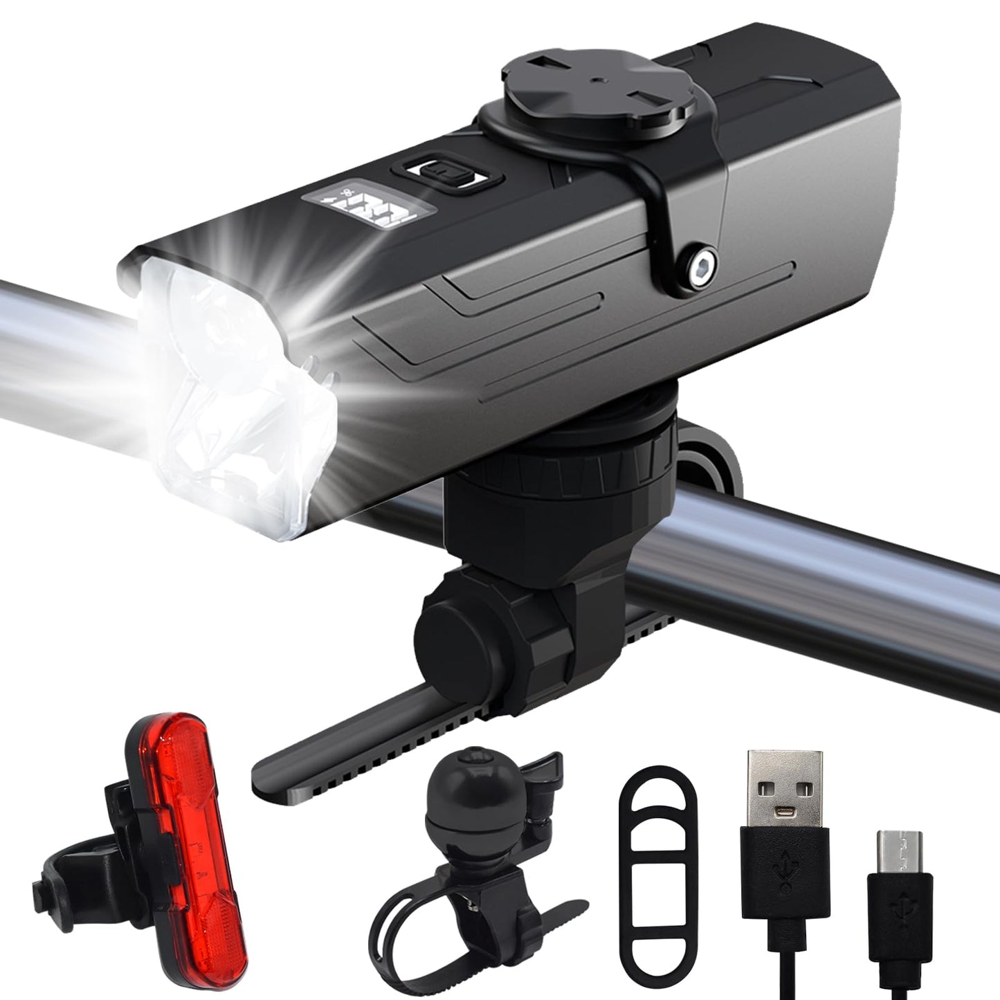 JNUYISW Eclairage Velo, 1000 Lumens IPX5 Etanche Lumière Vélo Avant et Arrière 2600mAh USB Rechargeable Ensemble Lampe Velo LED avec Sonnette de Vélo pour Cyclysme VTT, VTC, Bicyclette