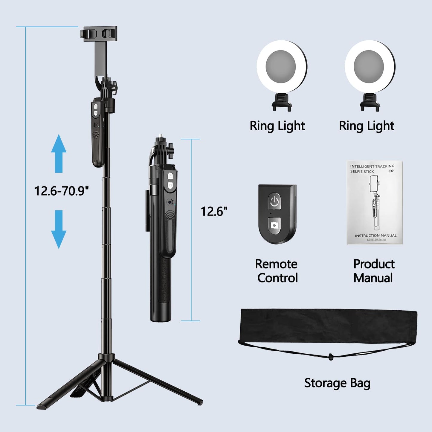 yAyusi Automatique Visage Suivi Trépied avec Lumière, sans App, 360° Rotate 180cm Support de Téléphone avec Capteur de Mouvement, Rétractable Support de Caméra pour Vlog/Vidéo/Enregistrement