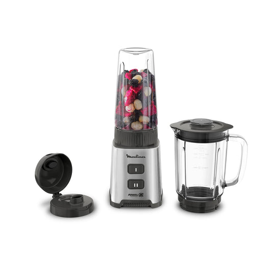 Moulinex Blender, Mini mixeur compact, 400 W, Technologie Powelix, Lames amovibles, 2 vitesses, Contrôle de la texture, Verseuse en verre, Bouteille à emporter en Tritan, Pulseo, Métal LM17GD10