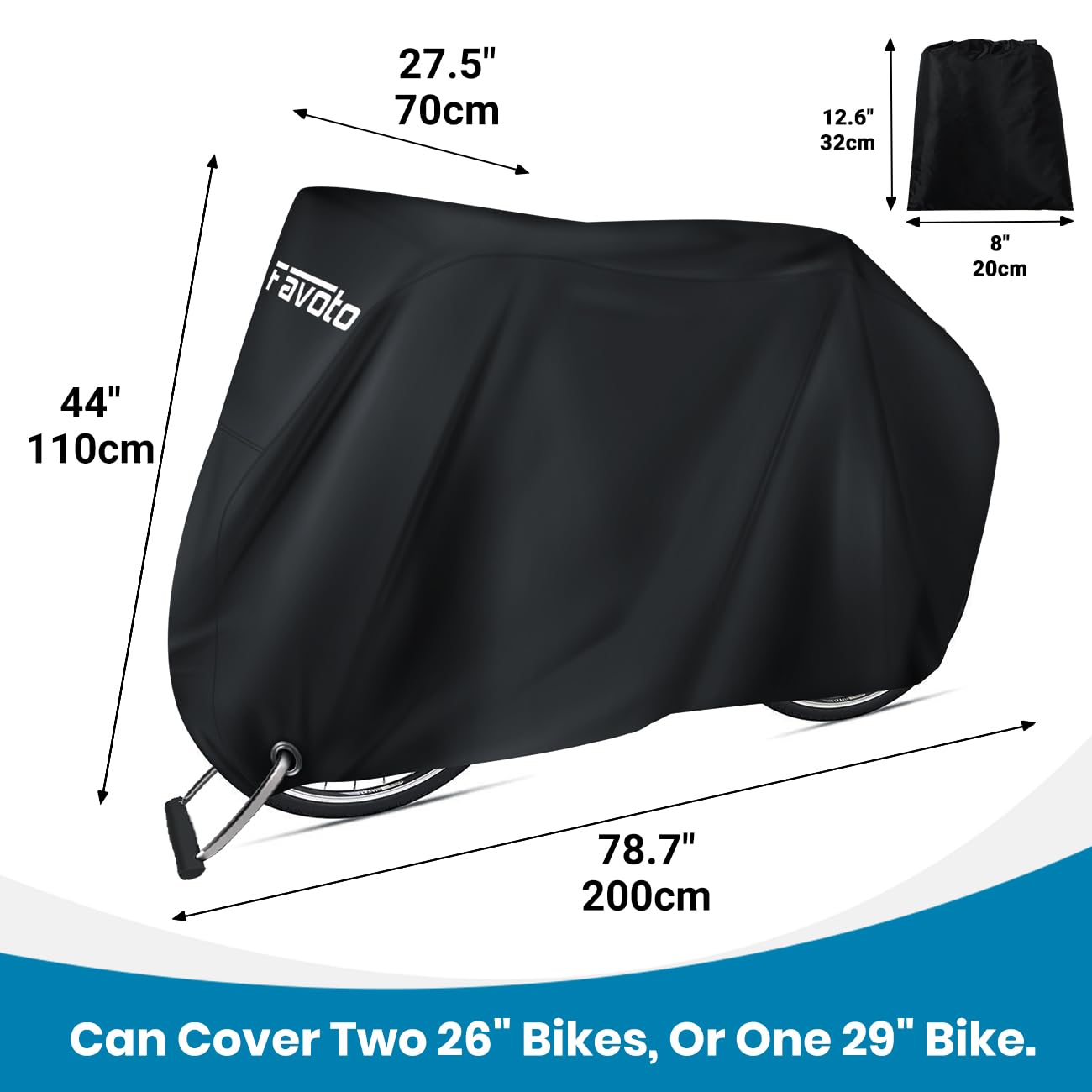 Favoto Housse de vélo pour 2 vélos d'extérieur - Imperméable - Oxford - 73 cm - Coupe-vent, UV, soleil, neige - Avec trou de verrouillage - Sac de rangement pour VTT, vélos de route (noir de jais)