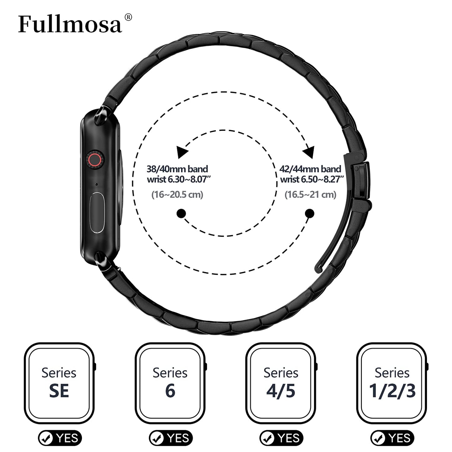 Fullmosa Compatible avec Bracelet Apple Watch 42mm/44mm/45mm en Acier INOX Compatible pour Bracelet apple watch Se Se 2 Series 9/8/7/6/5/4/3/2/1(Noir,42mm/44mm/45mm)