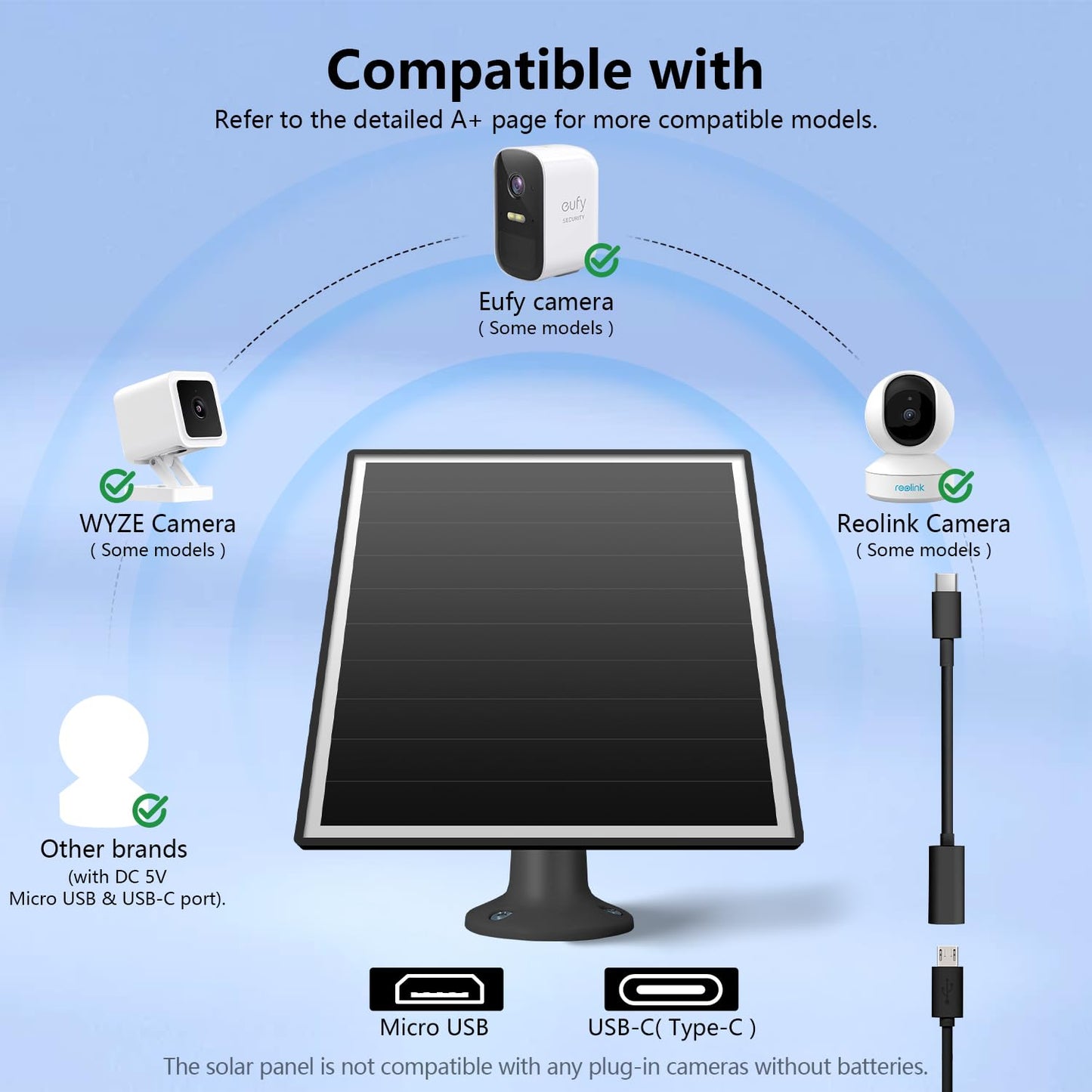 6W solar panel for outdoor security camera with Micro USB & USB-C port, solar panel charger for battery camera，Fits eufy/wyze/reolink DC 5V output, IP65/ 360° Adjustable, 9.8ft Cable, fast charging