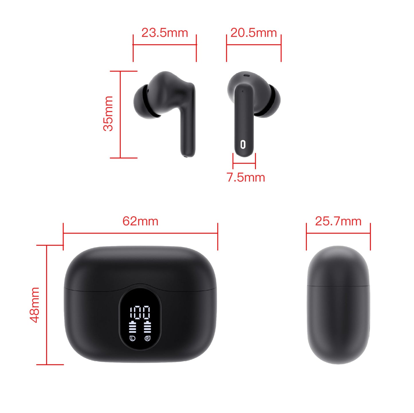 Écouteurs Bluetooth 5.3, Écouteur sans Fil avec 4 ENC Réduction Antibruit Mic Casque Bluetooth Hi-FI Son Stéréo, 36 Heures Durée de Lecture, IP7 Etanche, Écran LED, Contrôle Tactile