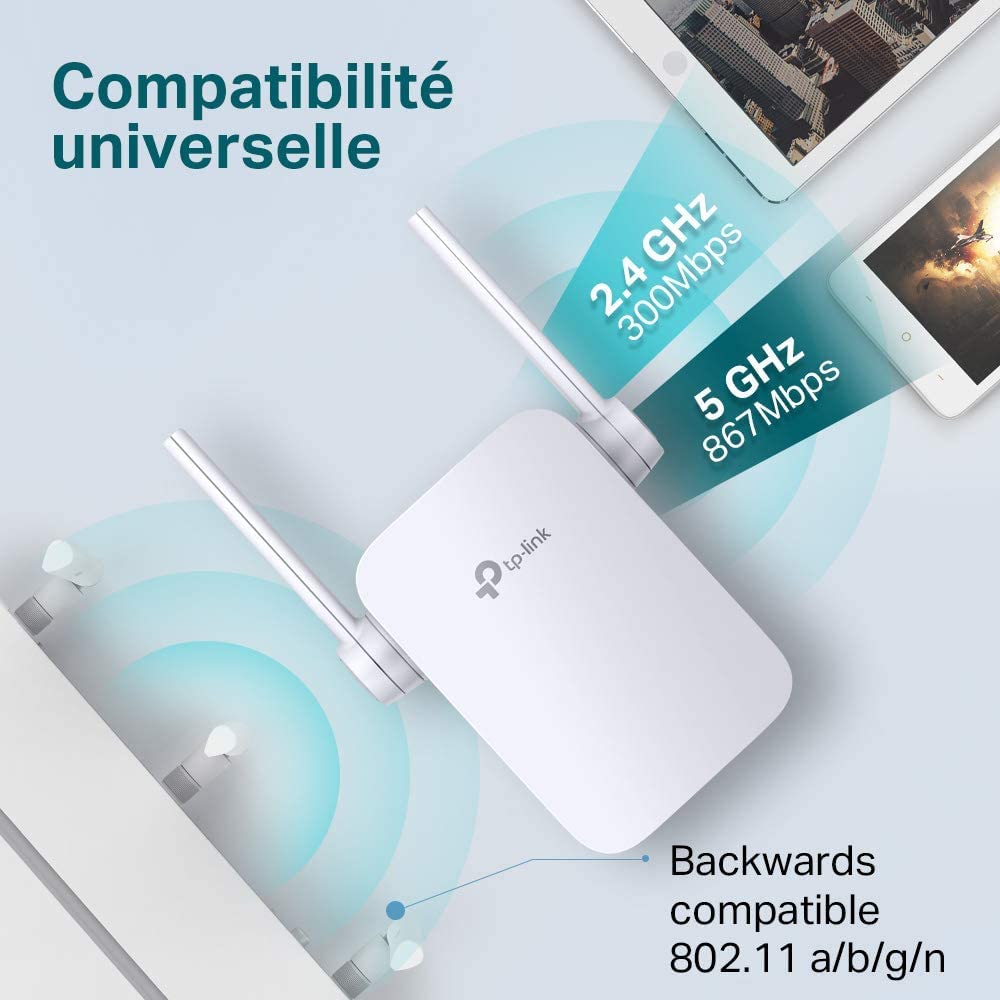 TP-Link Répéteur WiFi RE305 Amplificateur WiFi AC1200, WiFi Extender jusqu'à 120㎡, répéteur wifi puissant avec un port Ethernet, Compatible avec toutes les box internet, Jusqu'à 120m²|18 appareils