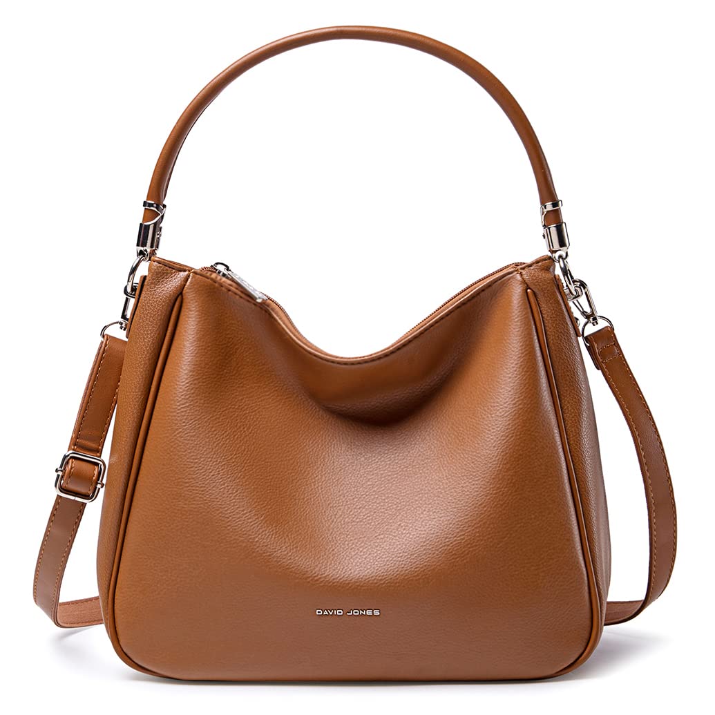 David Jones - Sac Bandoulière à Main Hobo Femme - Simili Cuir PU - Cabas Fourre-Tout Taille Moyenne avec Poignée Anse Longue - Mode Ville Classique Pratique Elégant - Marron Cognac