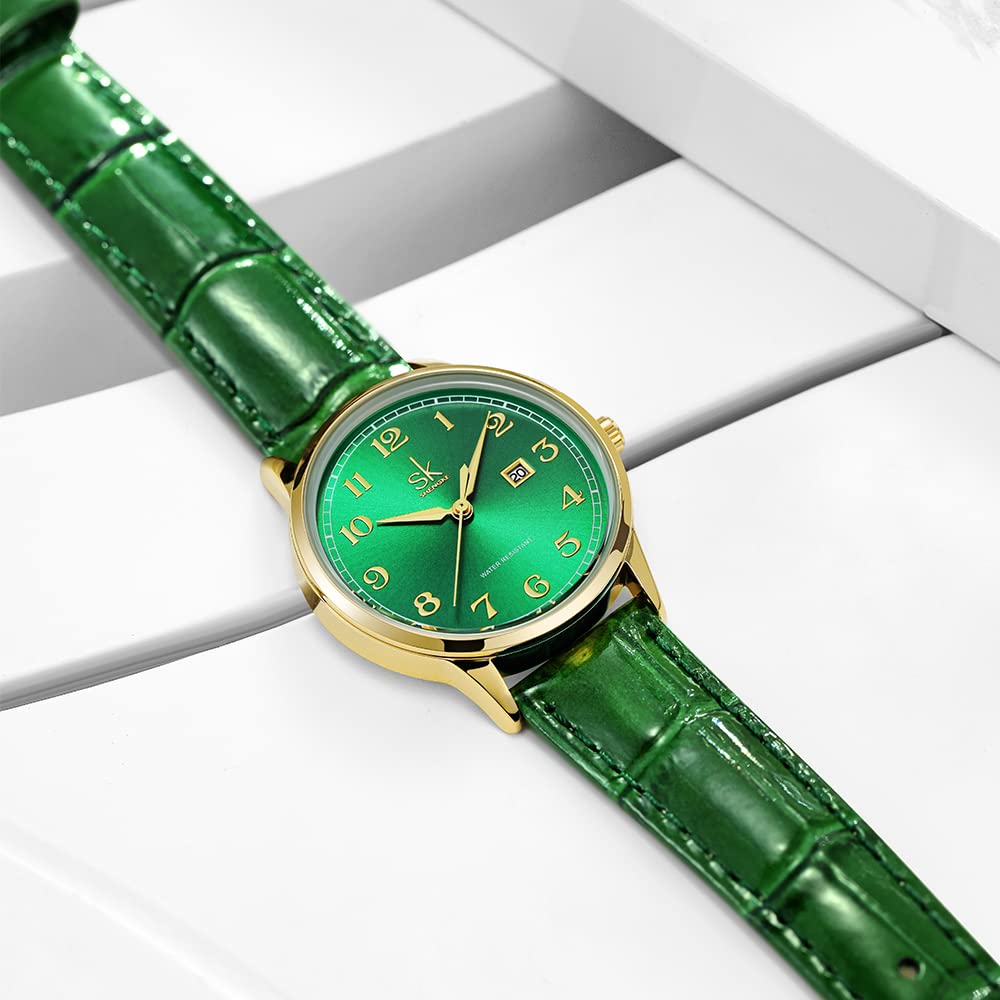 SHENGKE SK Classic Business Women Montres avec Bracelet en Acier Inoxydable et Montre élégante en Cuir véritable pour Dames (Gold-Green)