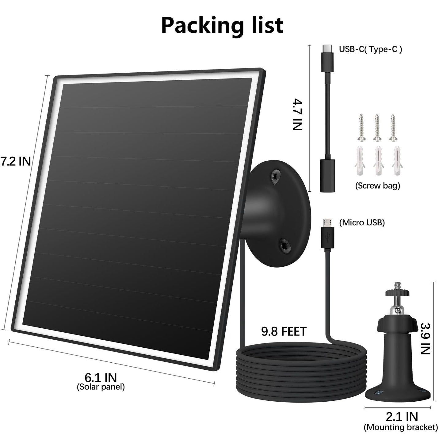 6W solar panel for outdoor security camera with Micro USB & USB-C port, solar panel charger for battery camera，Fits eufy/wyze/reolink DC 5V output, IP65/ 360° Adjustable, 9.8ft Cable, fast charging