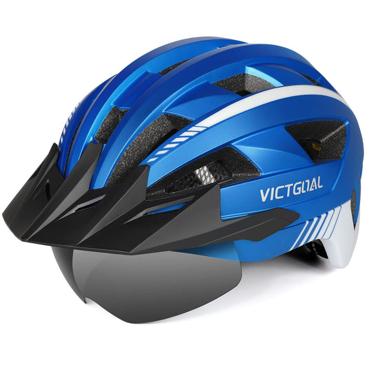 VICTGOAL Casque Velo Homme Casque VTT Montagne avec Visière Magnétique Amovible, Capuchon de Protection Solaire Amovible et éclairage LED Casque Velo Route pour Adulte (L: 57-61cm, Bleu Metal)