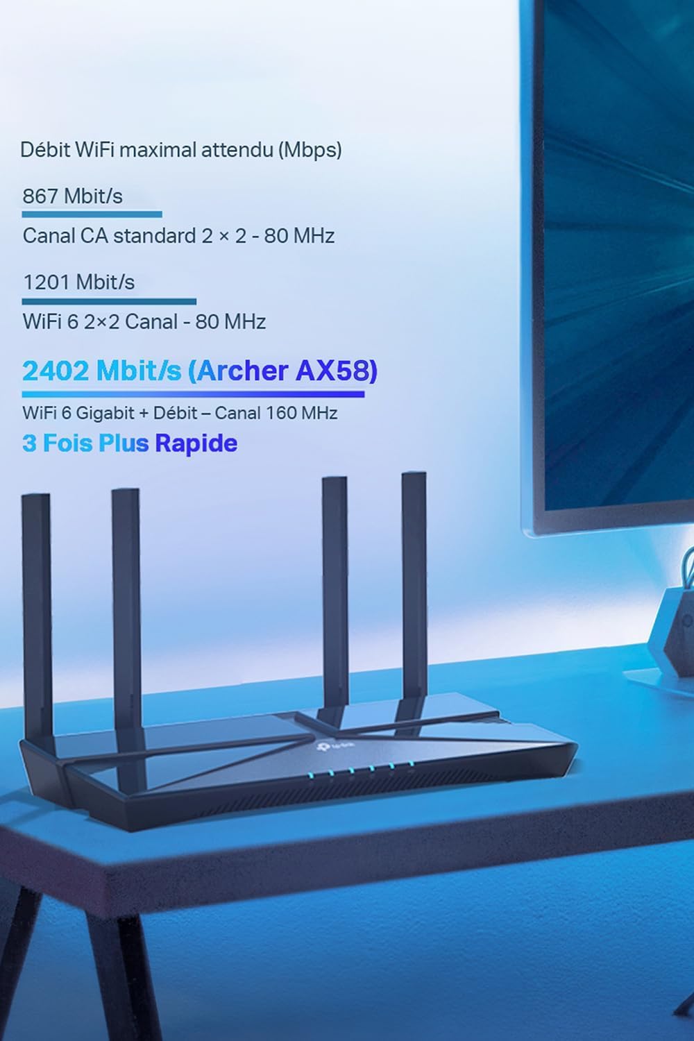 TP-Link Archer AX58 Routeur WiFi 6, Routeur WiFi AX 3000 Mbps bi-bande, 5 ports Gigabit, 4 antennes à haute performance, WPA3, Contrôle parental, EasyMesh, Antivirus intégré