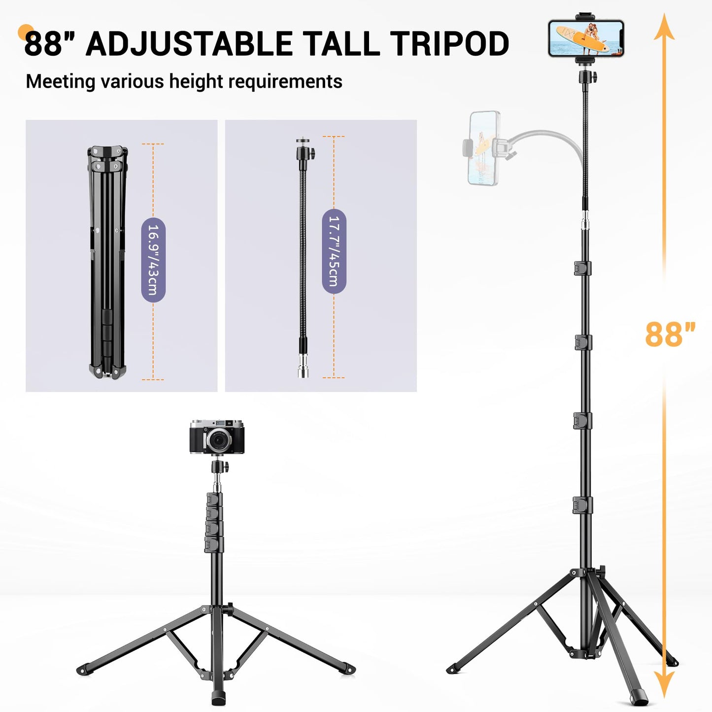 Victiv 224cm Haute Trepied Smartphone, Trépied Téléphone en Aluminium avec Col de Cygne Réglable, Télécommande & Support Telephone, Extensible Trepied Appareil Photo avec Rotule à 360° pour DSLR Canon