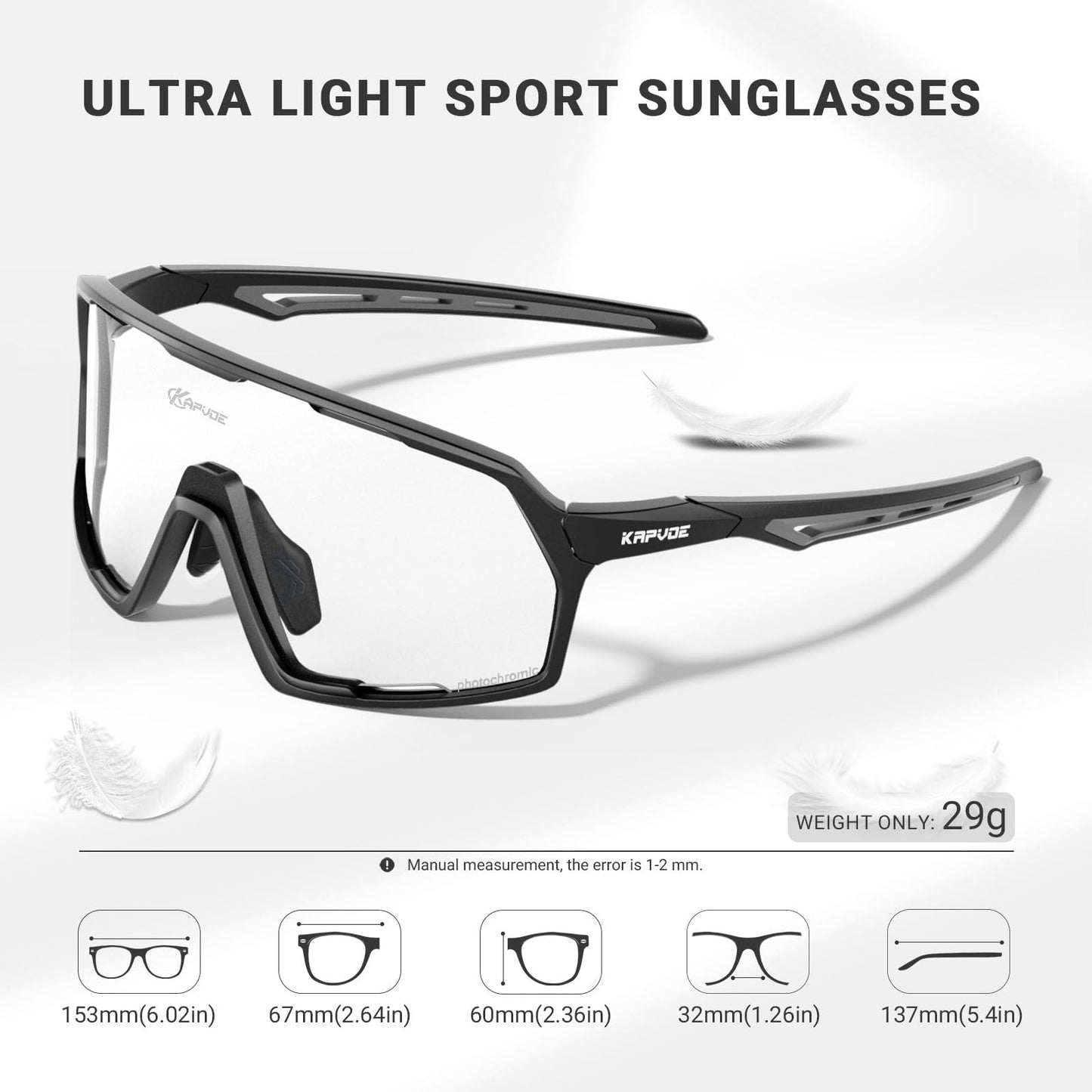 KAPVOE Lunette de Cyclisme Photochromique Homme Lunette Vélo Route TR90 Cadre Lunette VTT Femme Transparente Lunette Cycliste Protection UV400 Lunette de Soleil Sport Pour Running Course Conduite