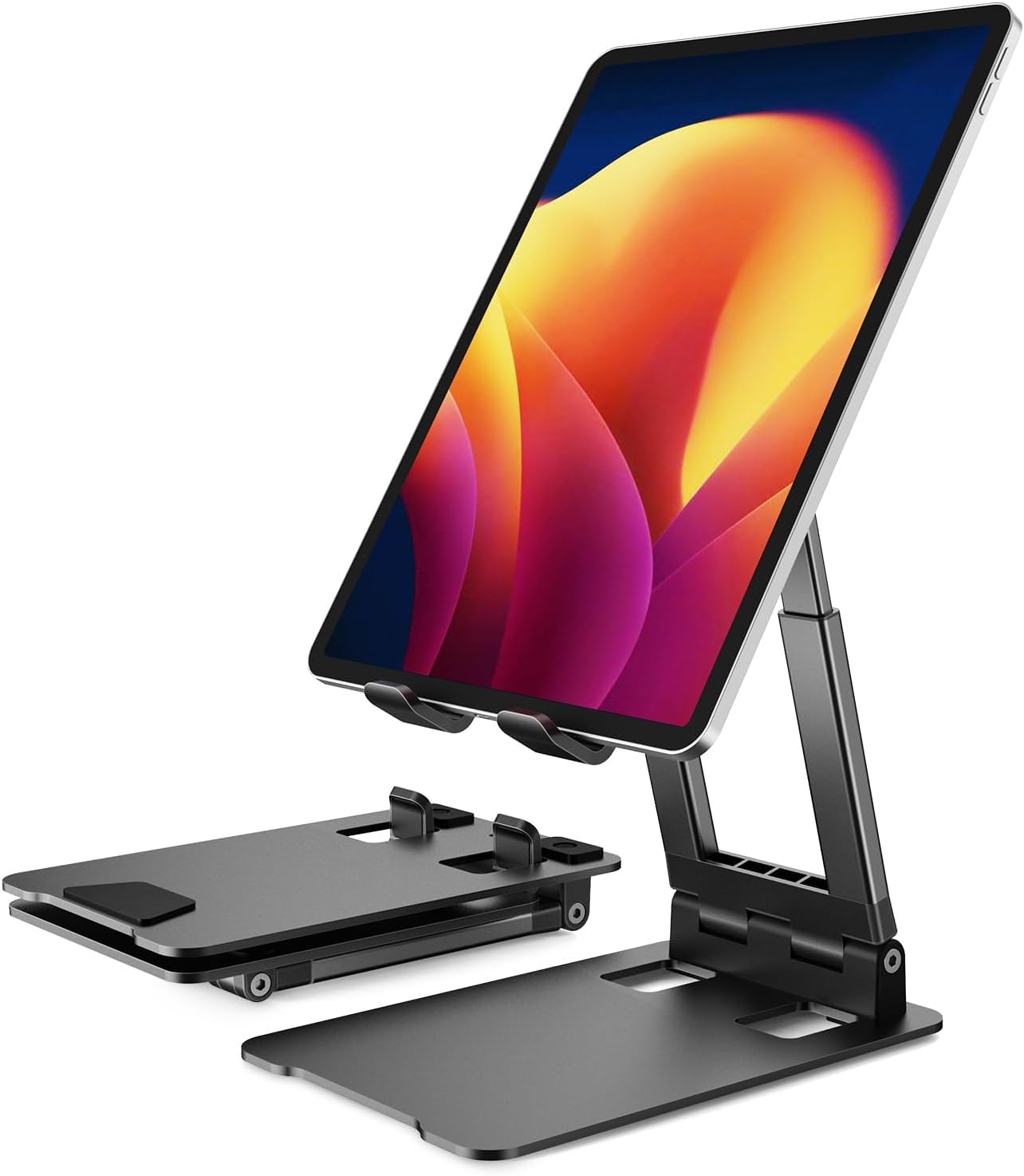 Support Tablette Bureau Pliable et Réglable en Hauteur, Klearlook Robuste Aluminium Support iPad, Compatible iPad Stand pour iPad Pro 12,9, Air, Mini, Samsung Galaxy Tab, Kindle de 4" à 13" - Argent