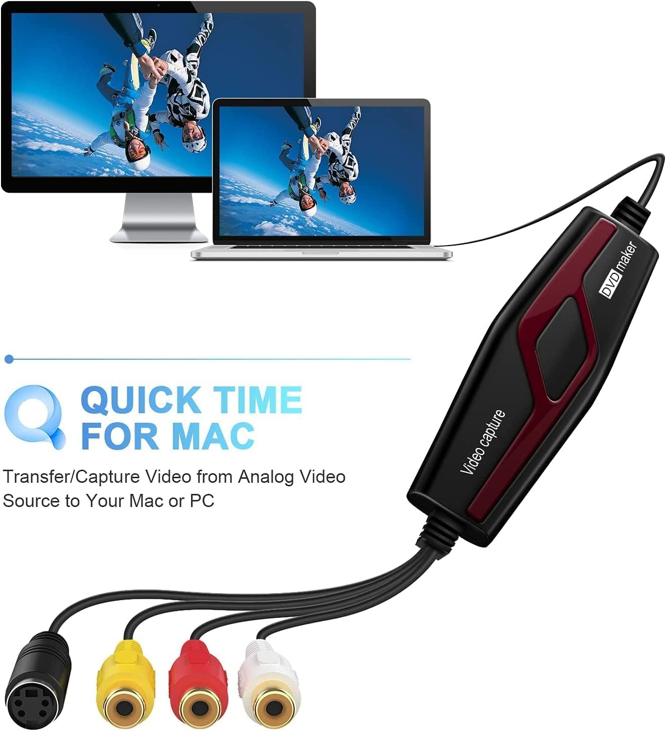 VIXLW Vidéo Capture - Convertisseur vidéo pour RCA vers USB - Convertisseurs VHS VCR Hi8 Mini DV en numérique - pour PC, TV, Lecteur de Cassette, caméscope, Mac OS X ou Windows