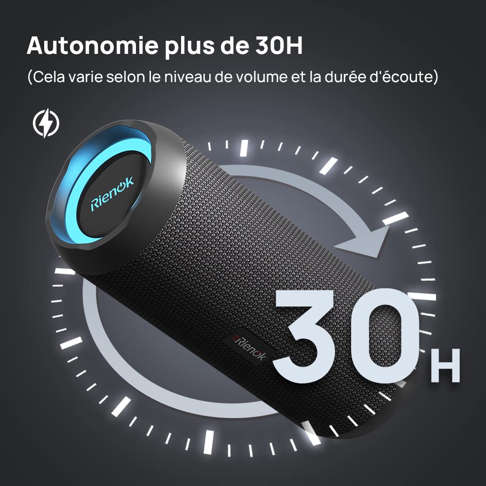 RIENOK Enceinte Portable Bluetooth aux Basses Renforcées, 30H, Bluetooth 5.3, 30W Enceinte Puissante, IPX7, AUX, TF Carte, pour Fêtes/Voyage/Extérieur, Noir