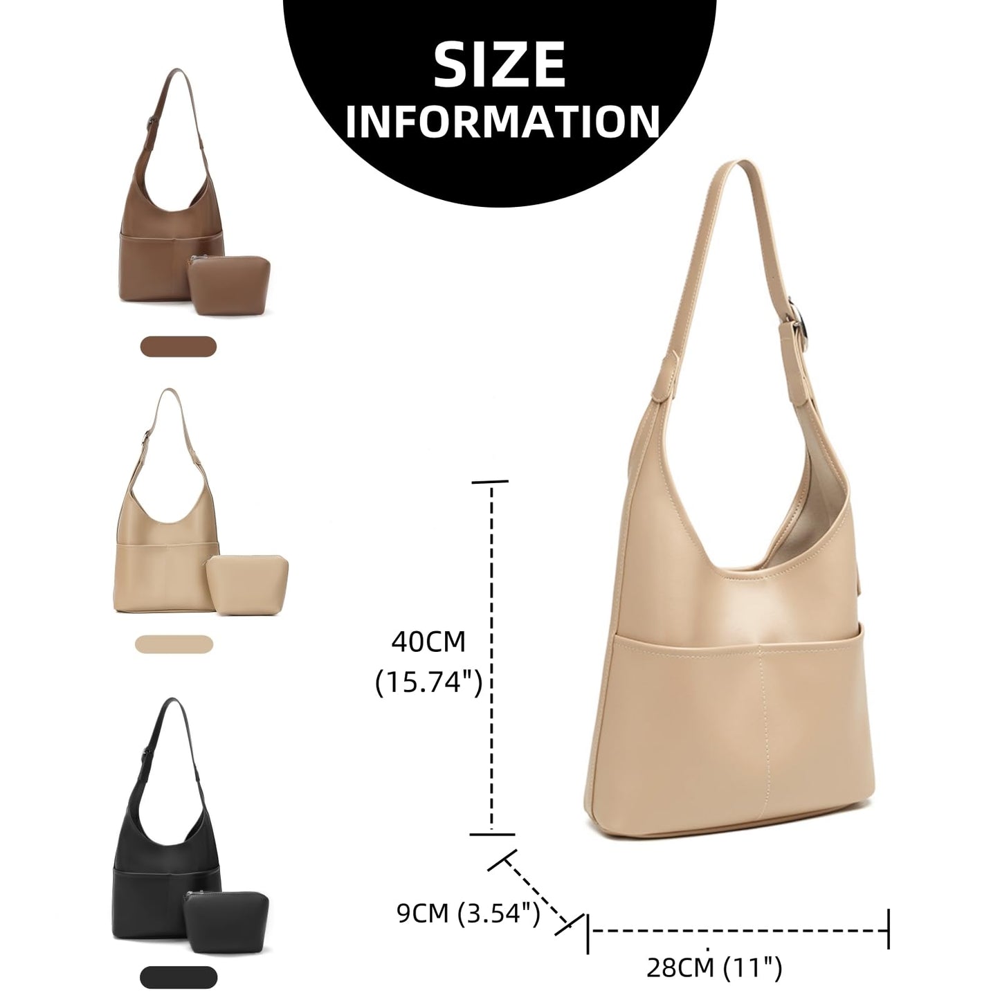 ZMDB Sac à Bandoulière pour Femme, Sac Hobo en Cuir PU avec Petit Sac, Sac Fourre-Tout de Grande Capacité Pour Bureau École Voyage, Sac Porté Épaule Pour Femme avec Sangle Réglable, Lot de 2