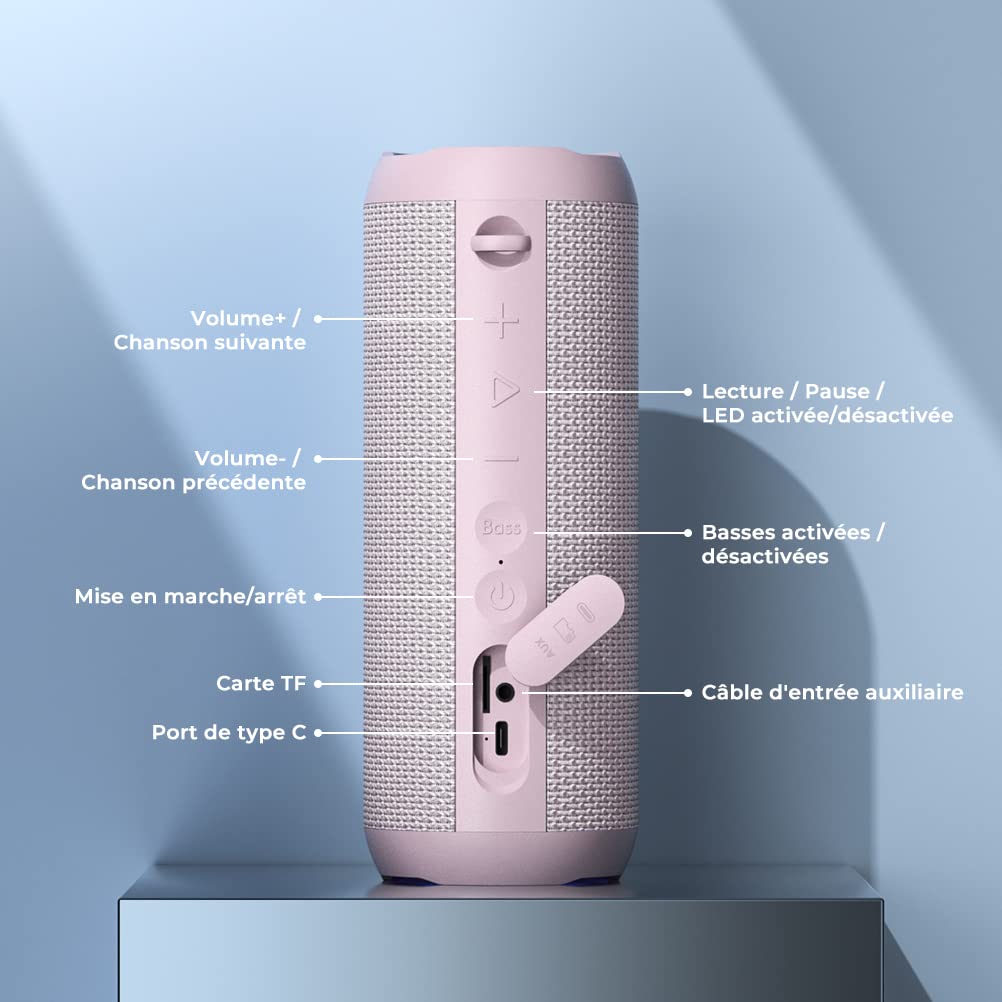 RIENOK Enceinte Portable Bluetooth aux Basses Renforcées, 30H, Bluetooth 5.3, 30W Enceinte Puissante, IPX7, AUX, TF Carte, pour Fêtes/Voyage/Extérieur, Rose