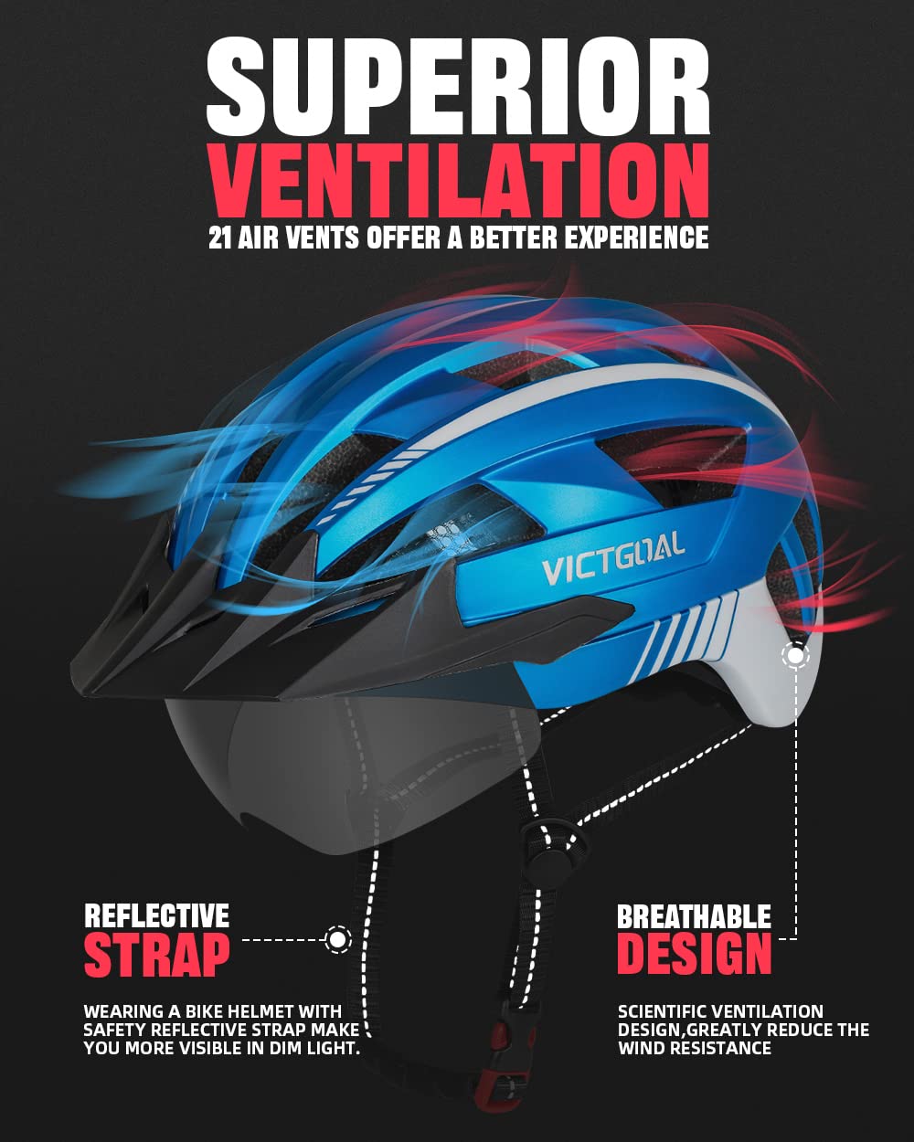 VICTGOAL Casque Velo Homme Casque VTT Montagne avec Visière Magnétique Amovible, Capuchon de Protection Solaire Amovible et éclairage LED Casque Velo Route pour Adulte (L: 57-61cm, Bleu Metal)