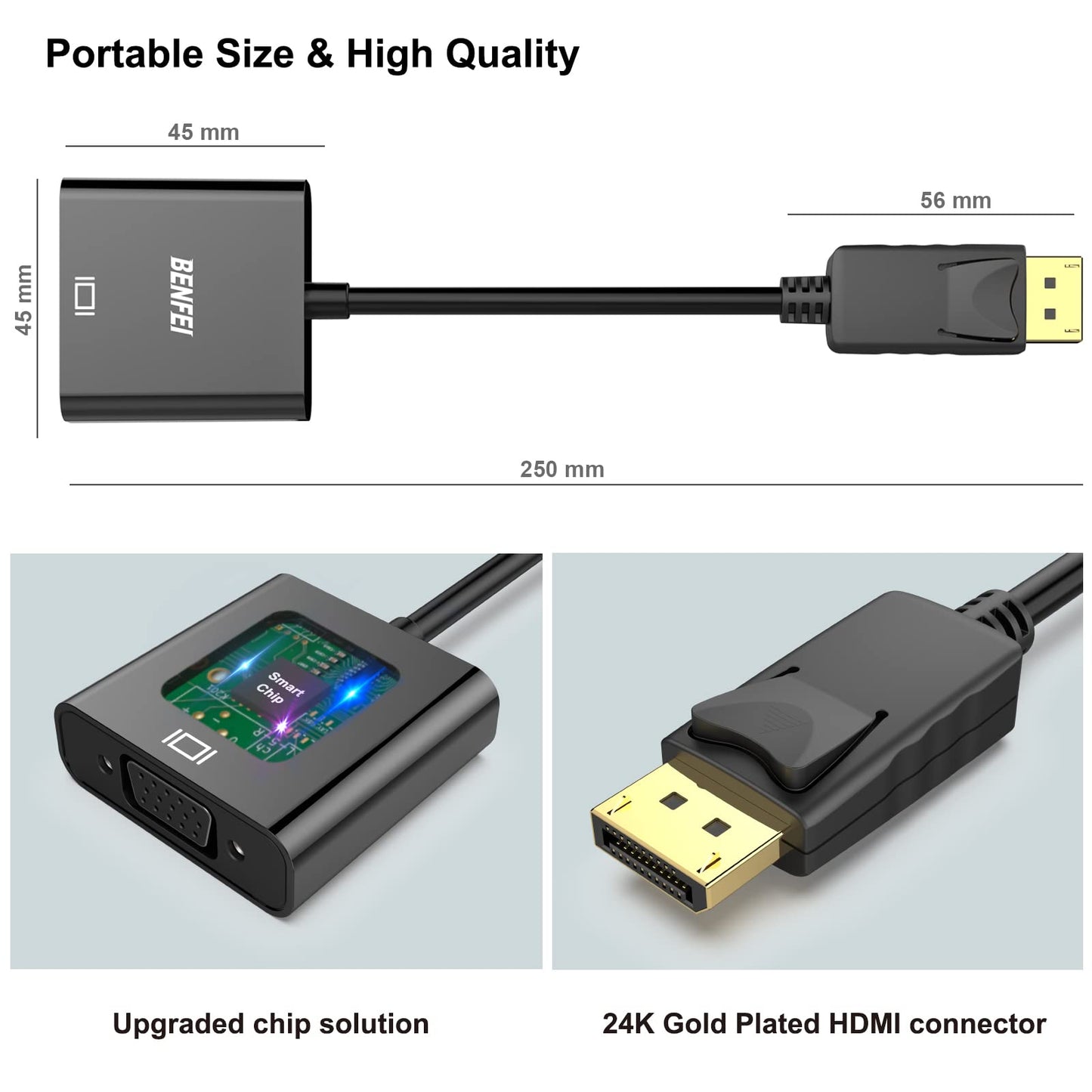 BENFEI Adaptateur DisplayPort vers VGA plaqué Or DP vers VGA (mâle vers Femelle) Compatible avec Lenovo, Dell, HP, ASUS